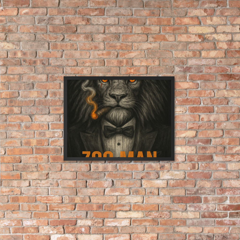 Framed artwork of a lion in a suit on a brick wall