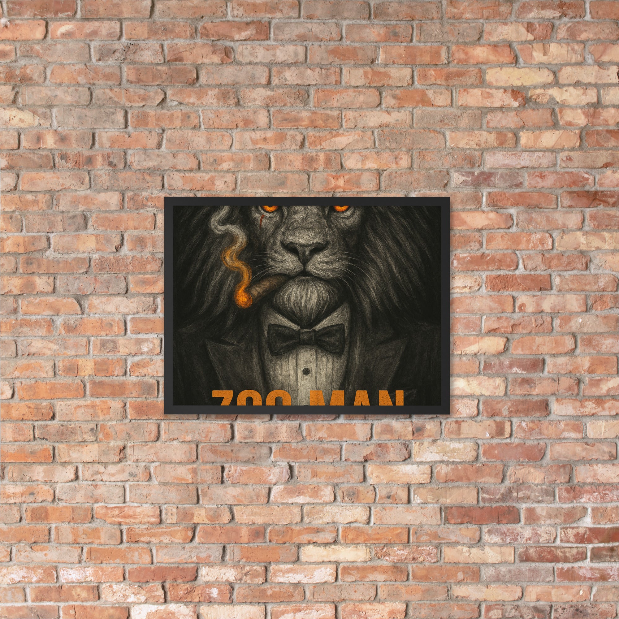 Framed artwork of a lion in a suit on a brick wall