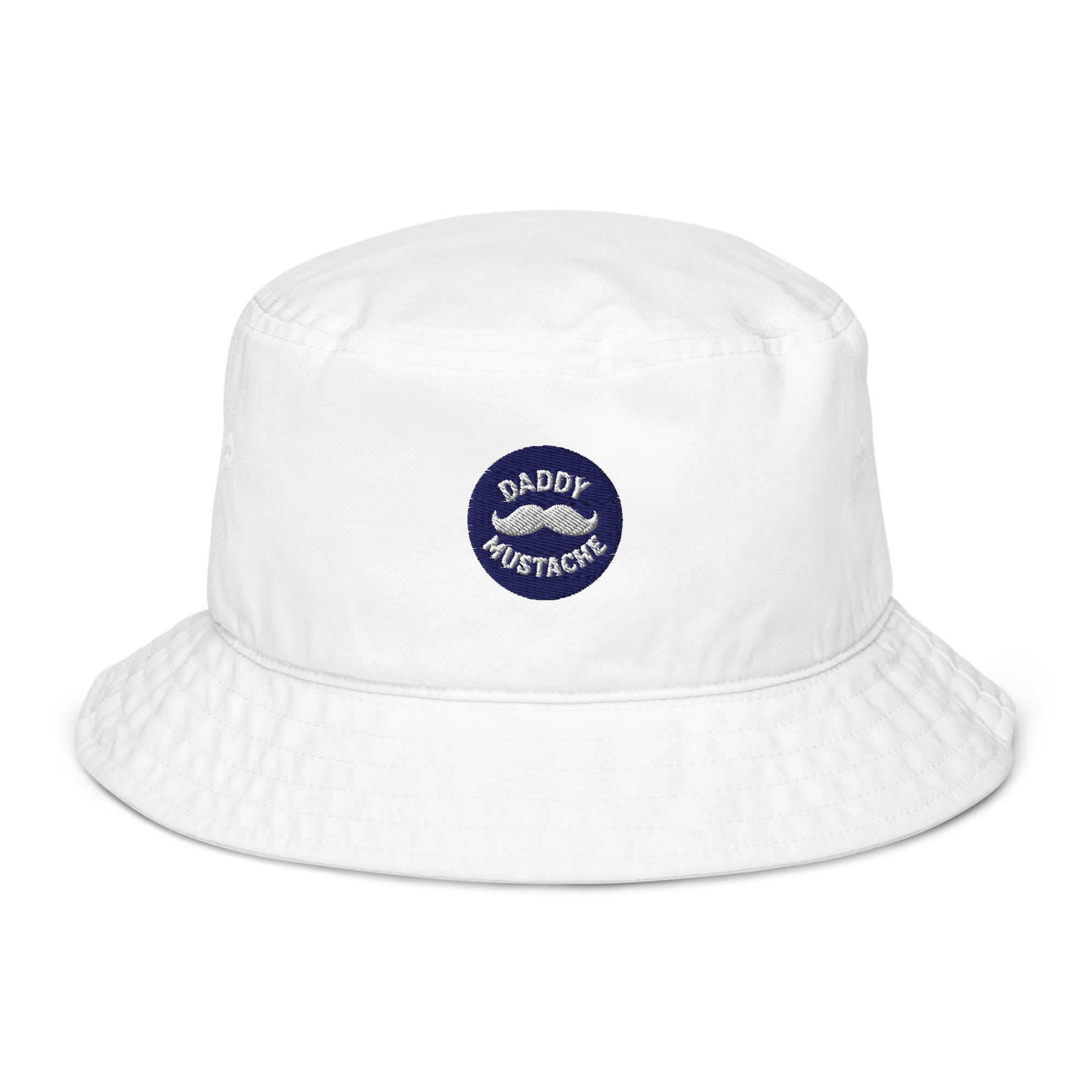 White bucket hat with 'Daddy Mustache' logo on a white background