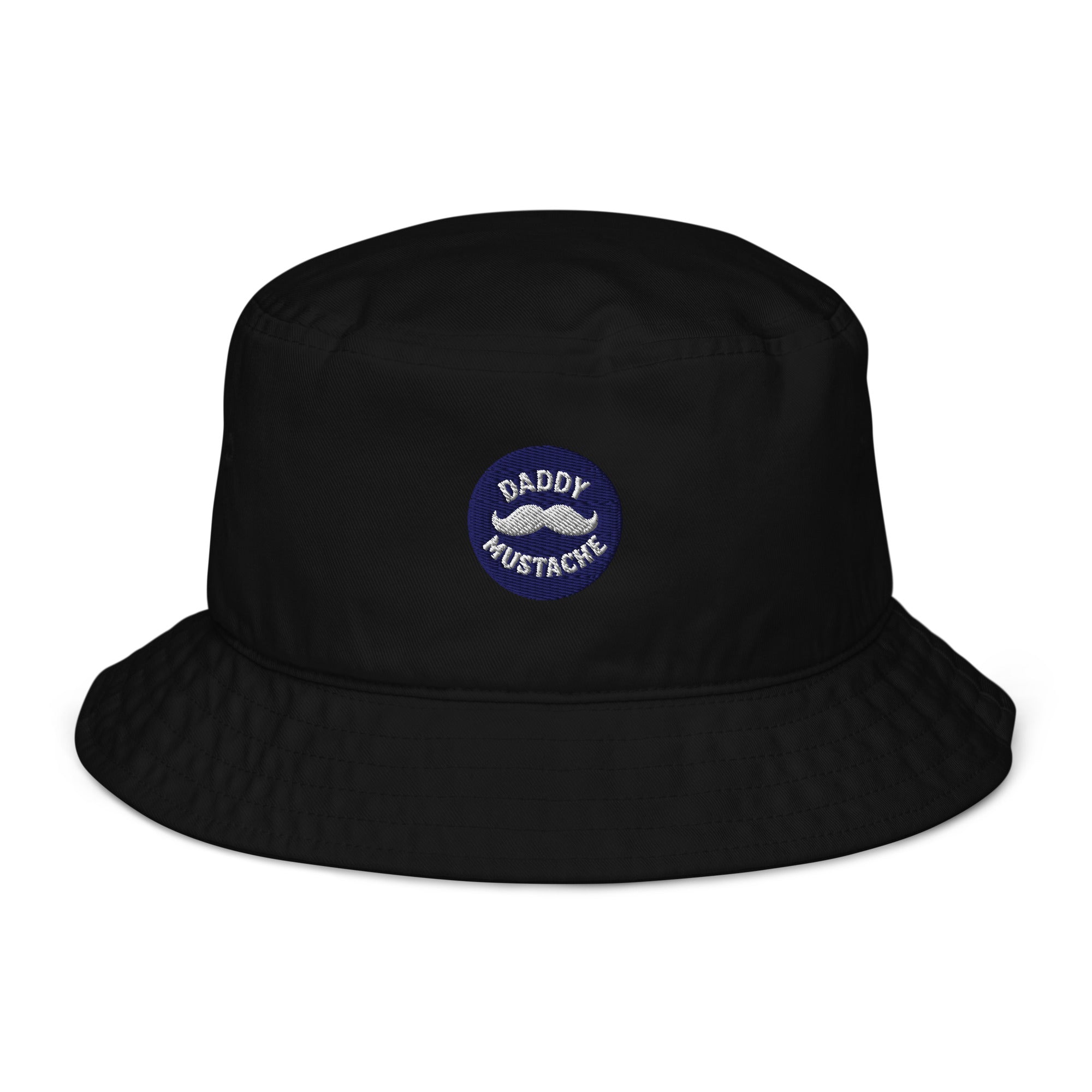 Black bucket hat with 'Daddy Mustache' logo on a white background
