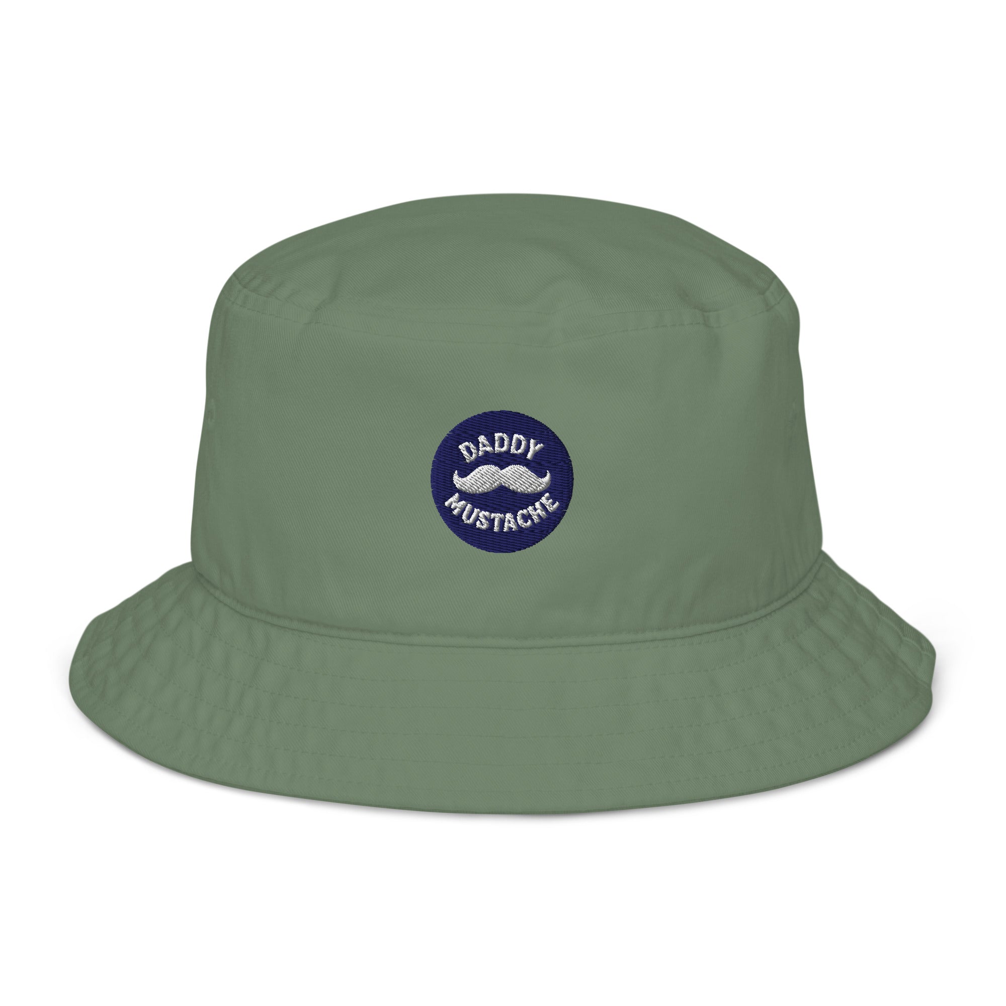 Green bucket hat with 'Daddy Mustache' logo on a white background