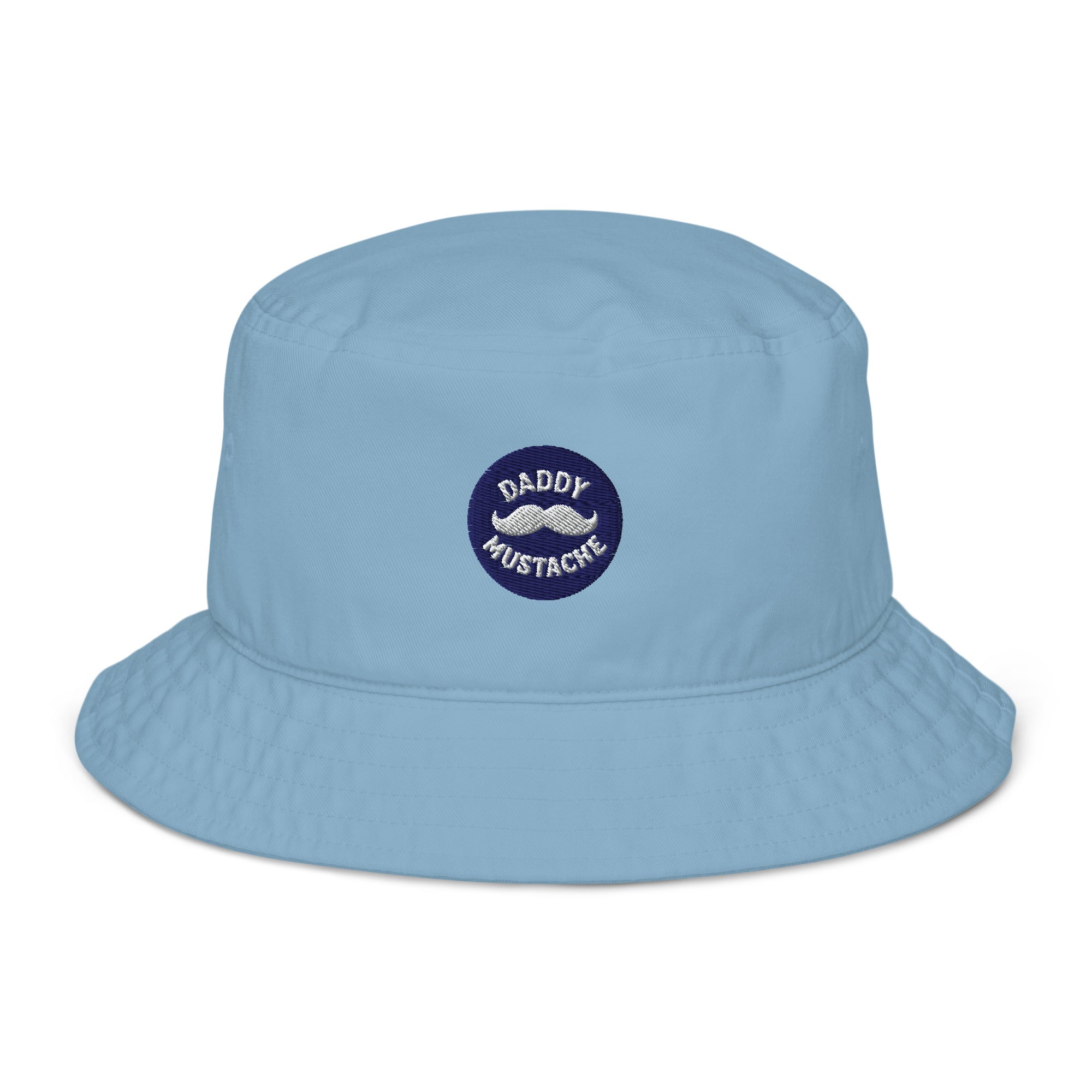 Light blue bucket hat with 'Daddy Mustache' logo on a white background