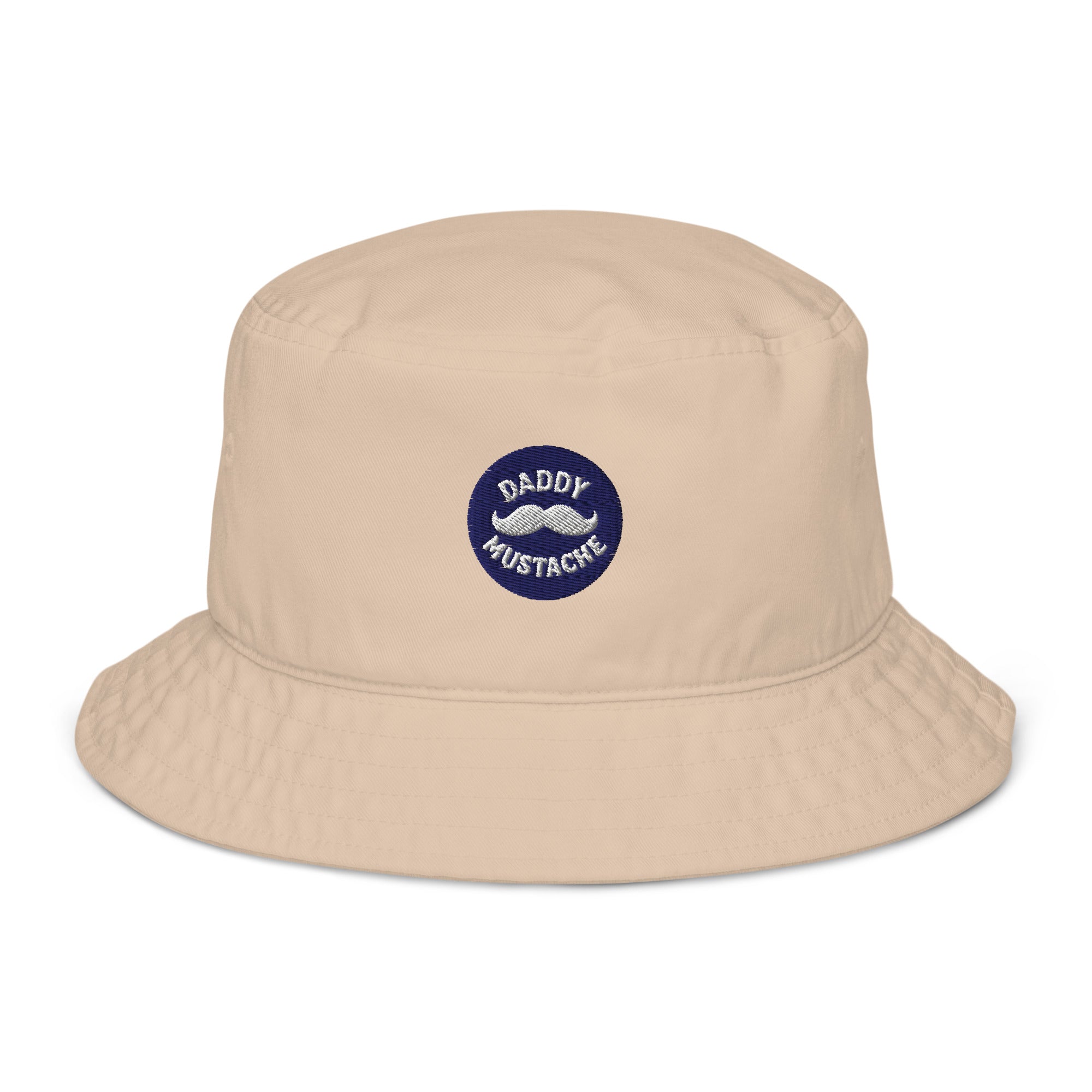 Beige bucket hat with 'Daddy Mustache' logo on a white background