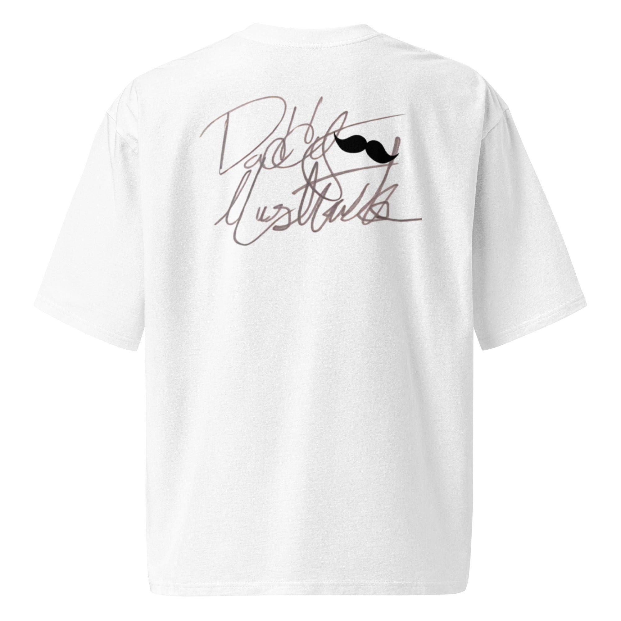 White t-shirt with text and a mustache graphic on the back against a white background