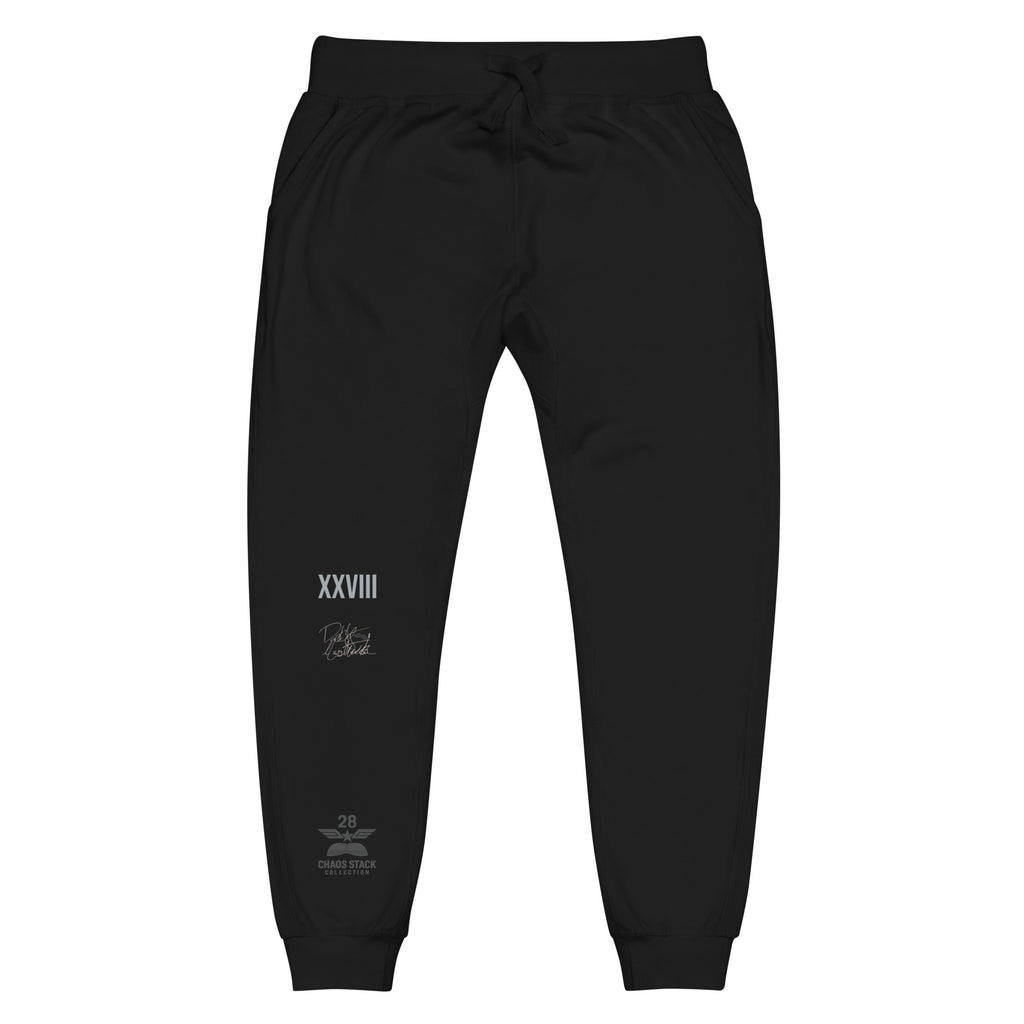 Black jogger pants with white text on a white background