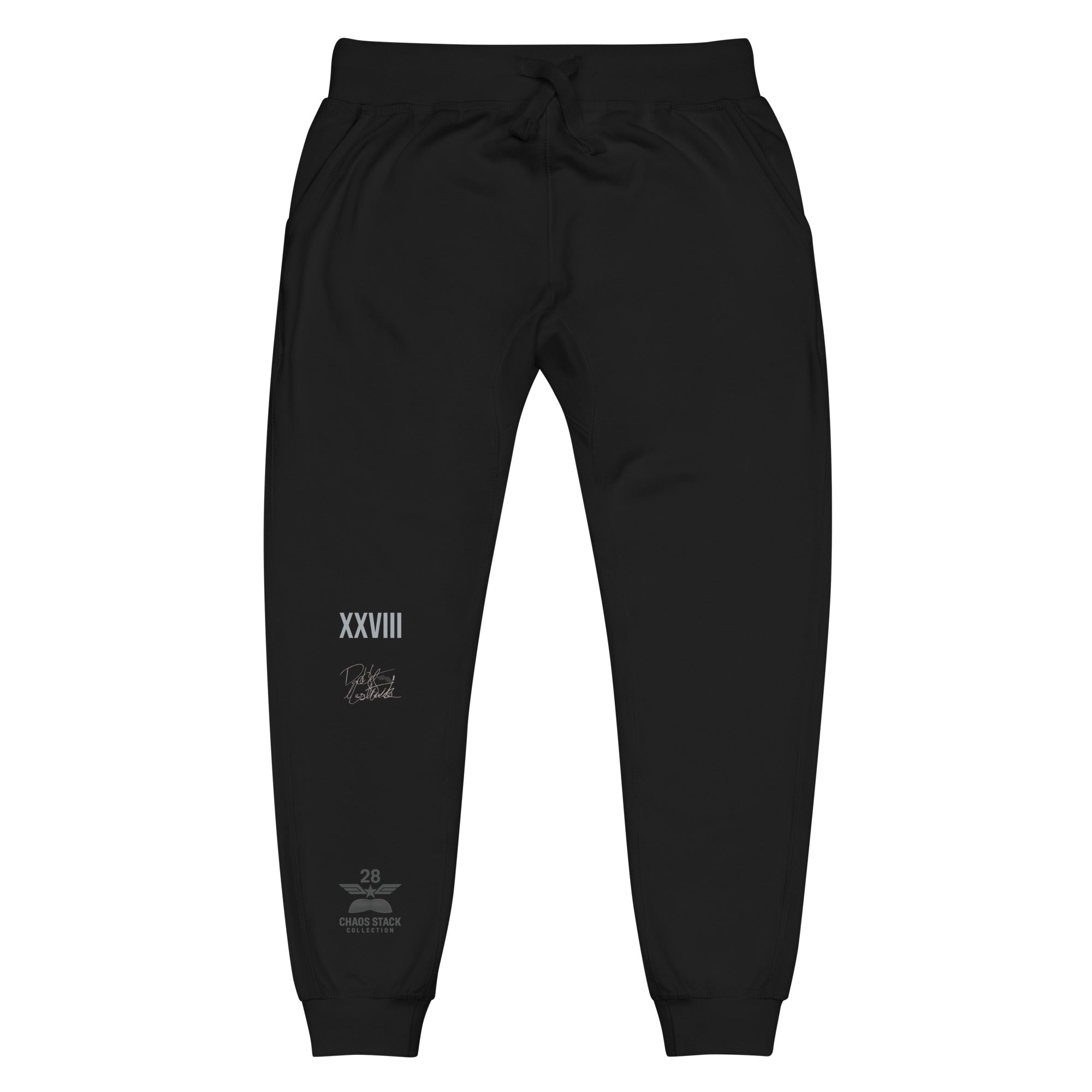 Black jogger pants with white text on a white background