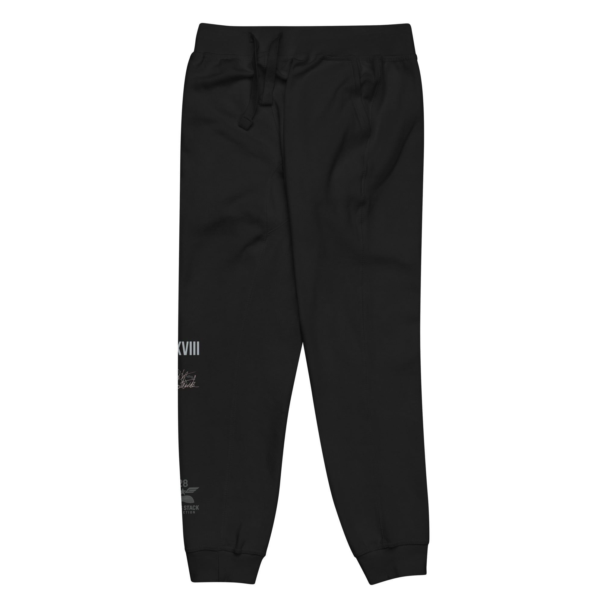 Black sweatpants with text on a white background