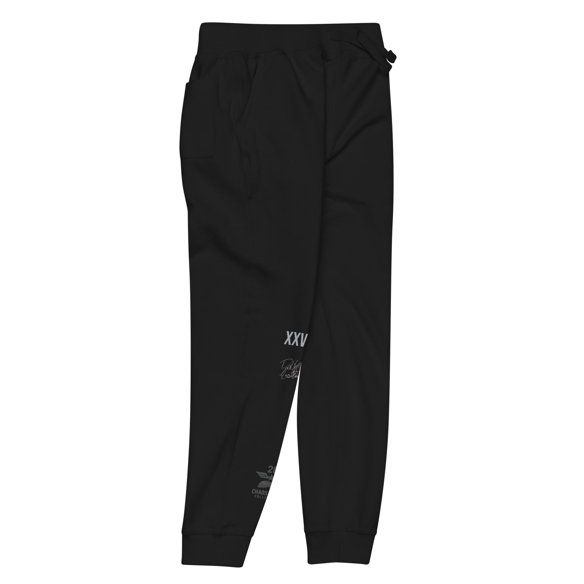 Black pants with 'XXV' logo on a white background