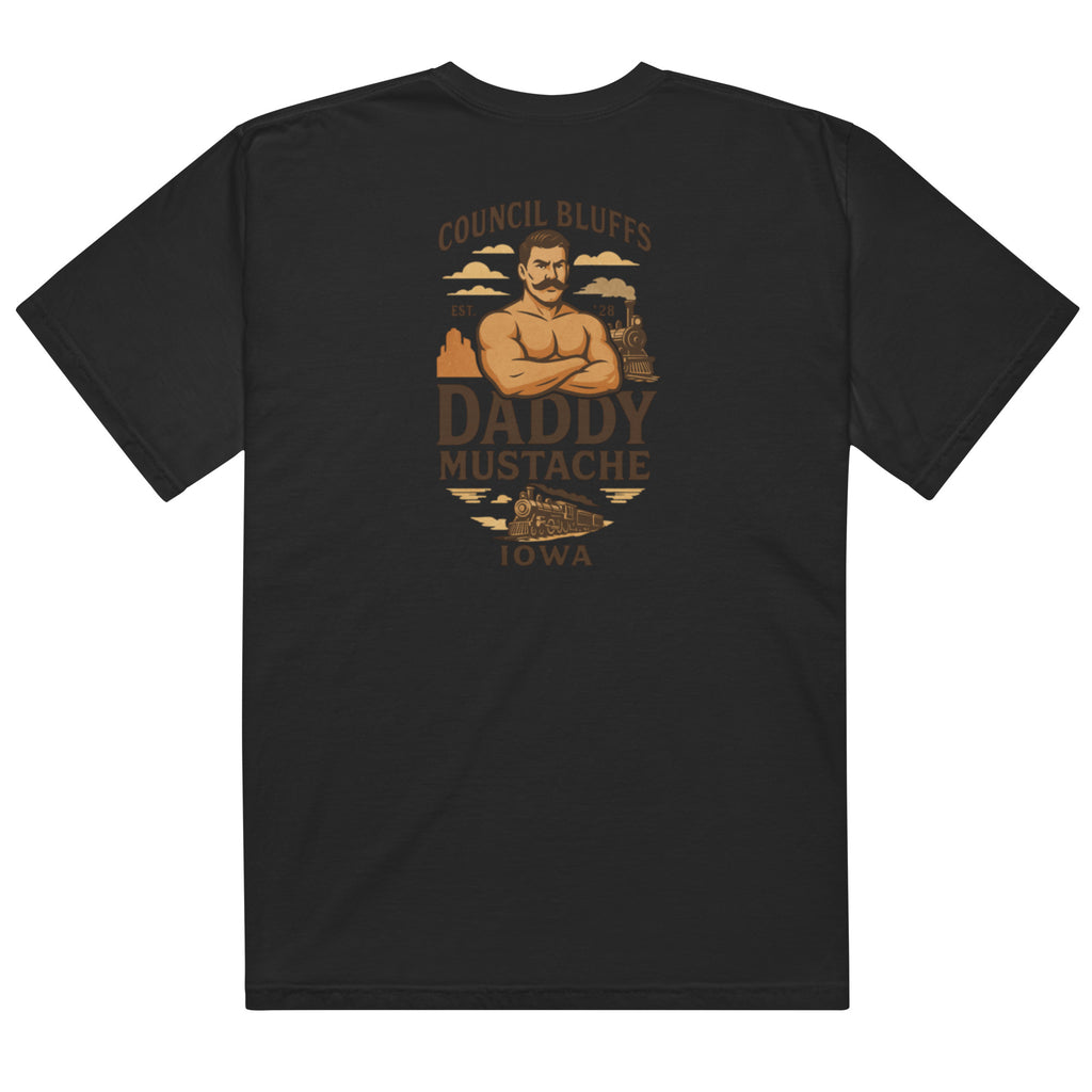 Black t-shirt with 'Daddy Mustache' graphic design on a brown grahic