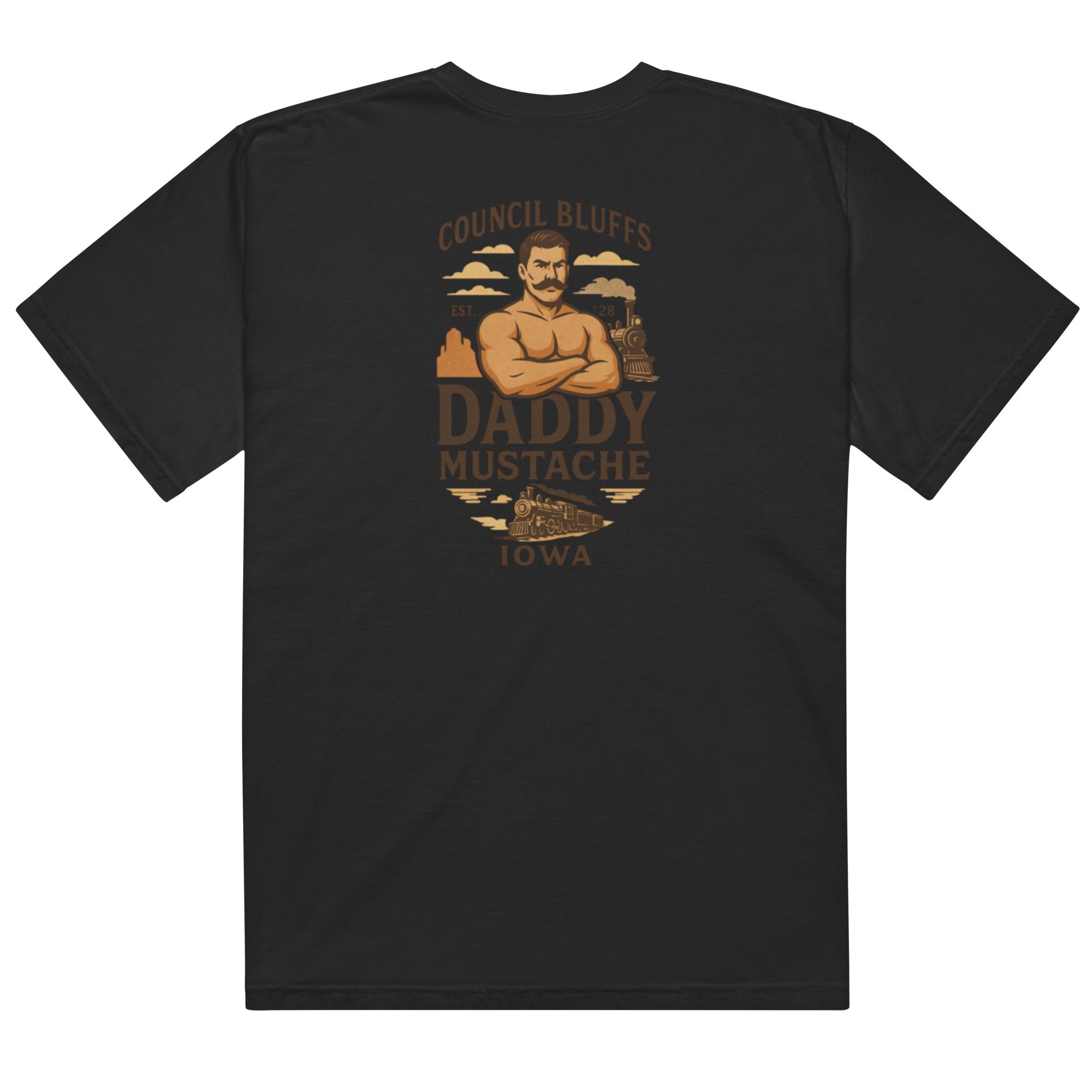 Black t-shirt with 'Daddy Mustache' graphic design on a brown grahic