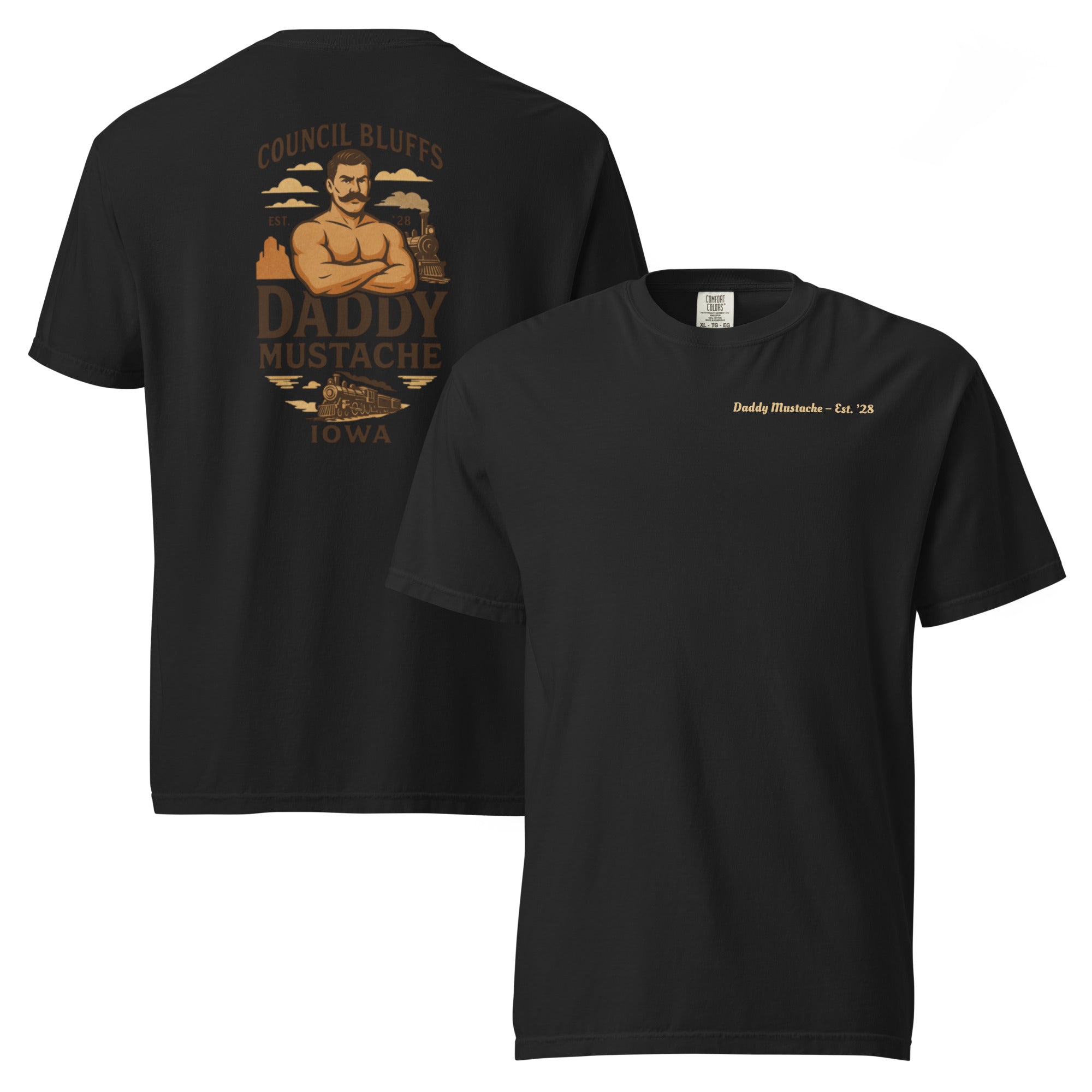 Black t-shirt with graphic design on front and back, featuring a mustached man and text.