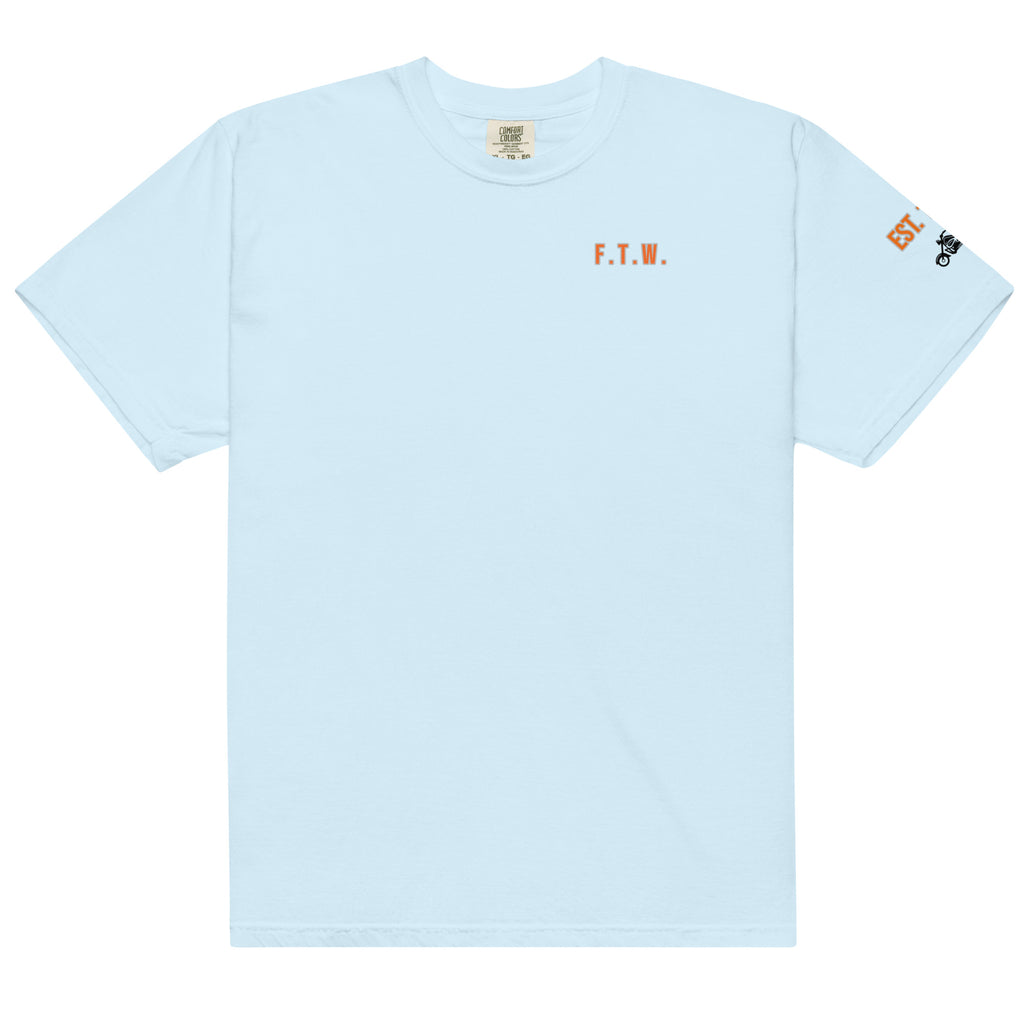 Light blue t-shirt with 'F.T.W.' text on a white background