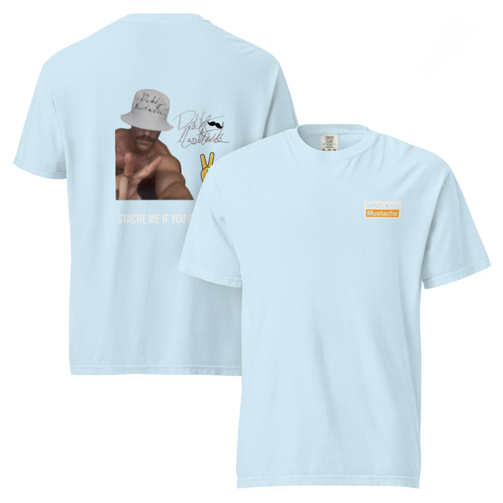 Light blue t-shirt with graphic design on the front and brand logo on the back, displayed on a white background.