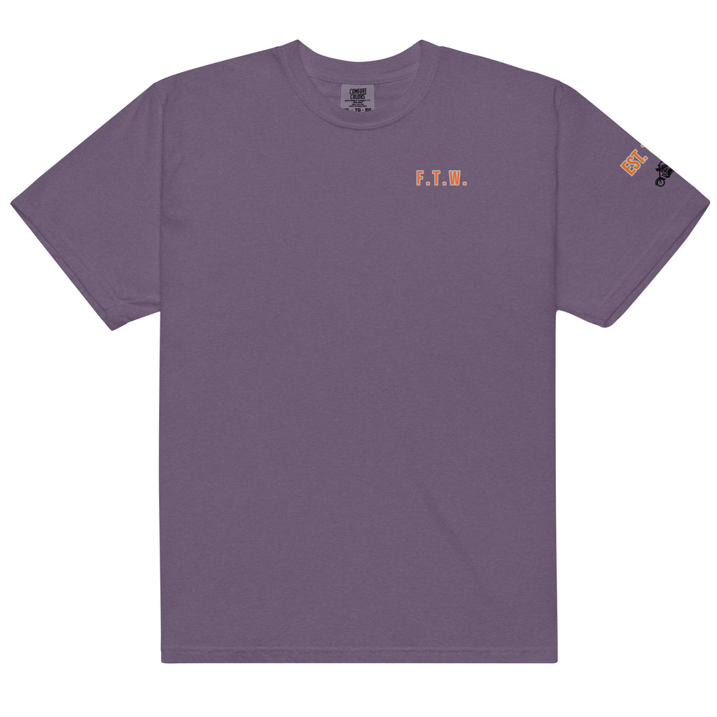 Purple t-shirt with 'F.T.W.' text on a white background