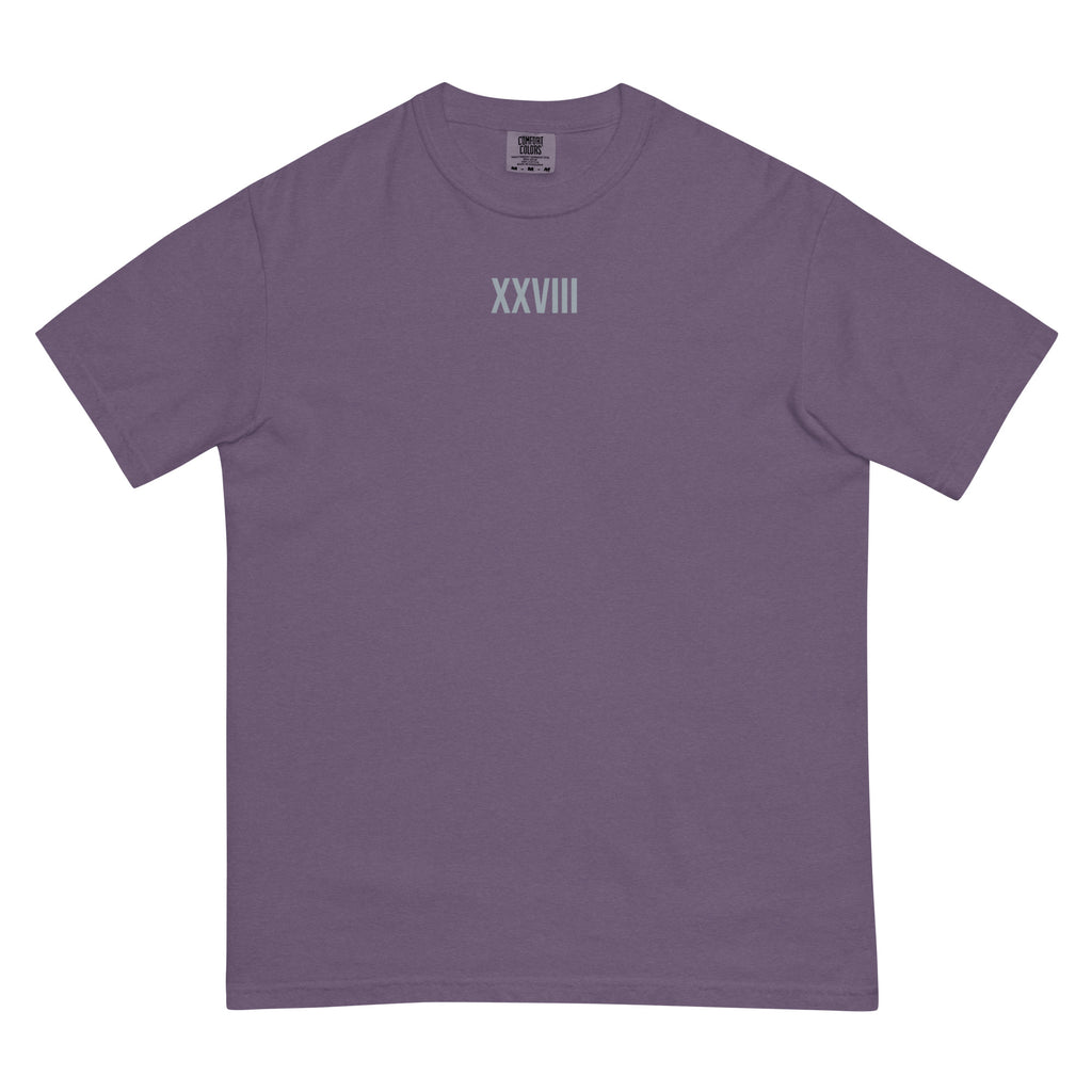 Purple t-shirt with 'XXVIII' printed on a white background