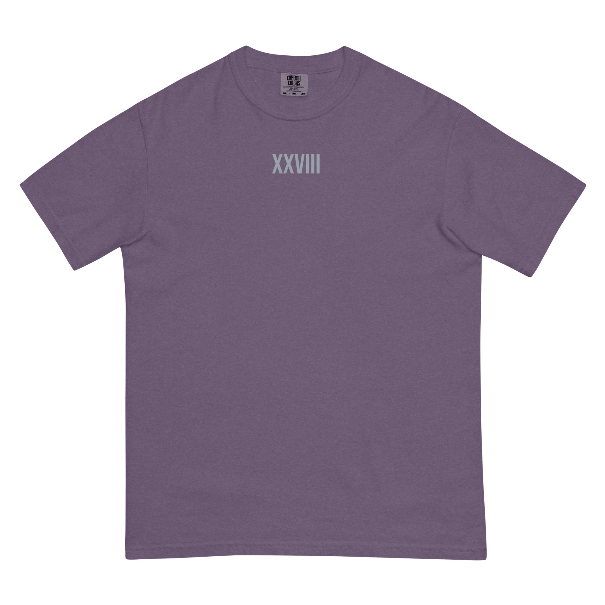 Purple t-shirt with 'XXVIII' printed on a white background