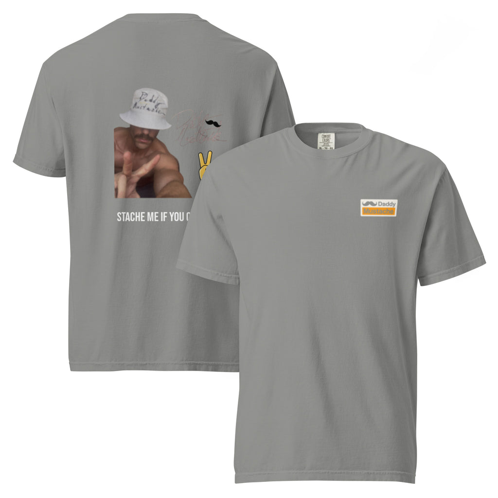 Gray t-shirt with graphic design on front and text on back, displayed on a white background.