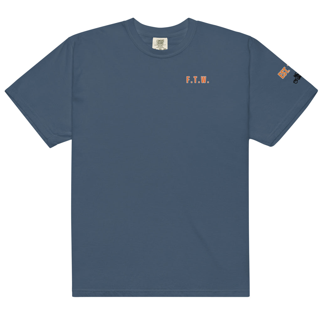 Blue t-shirt with 'F.T.W.' text on a white background