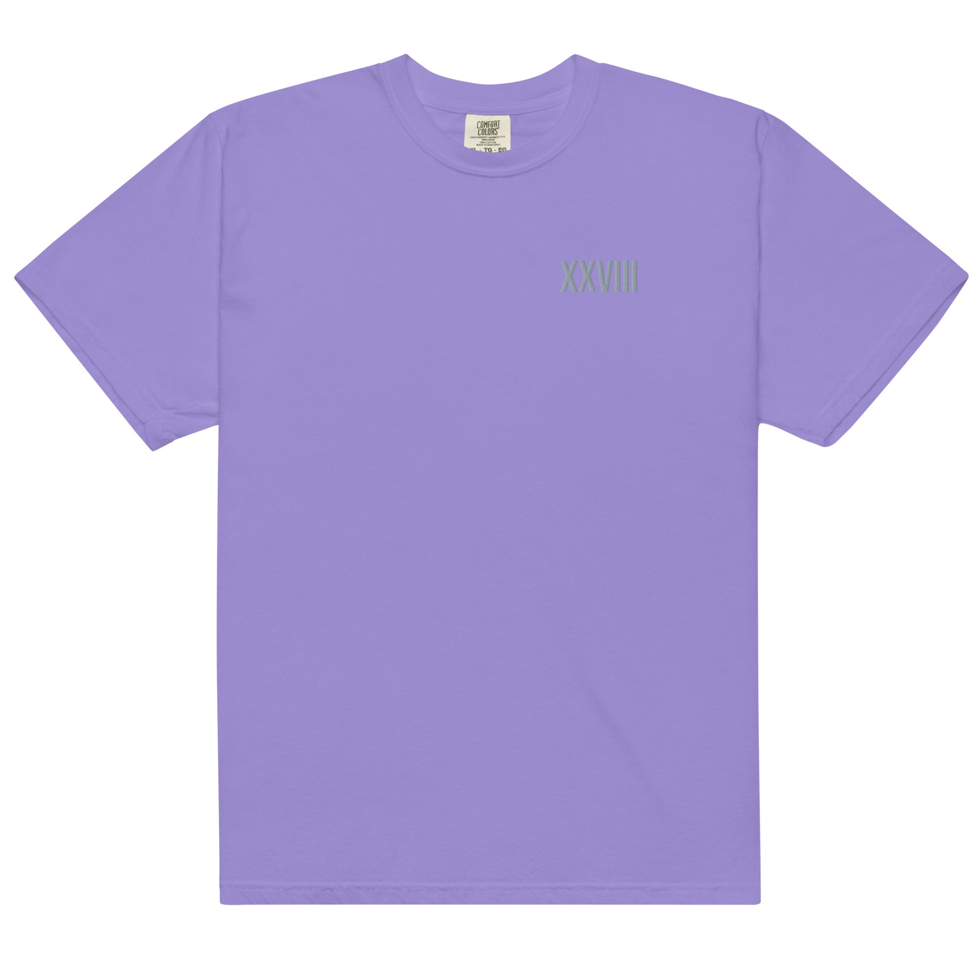 Purple t-shirt with a small logo on the chest against a white background
