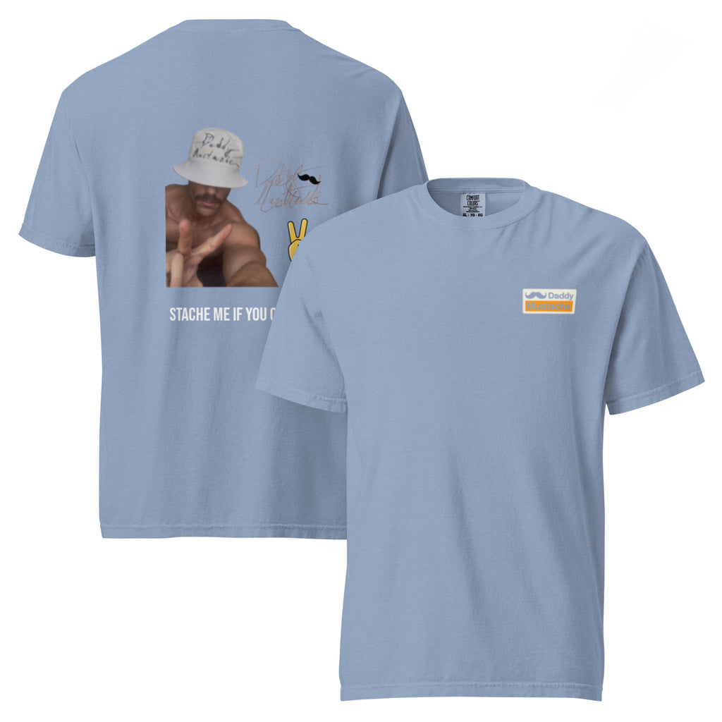 Light blue t-shirt with graphic design on front and text on back, displayed on a white background.