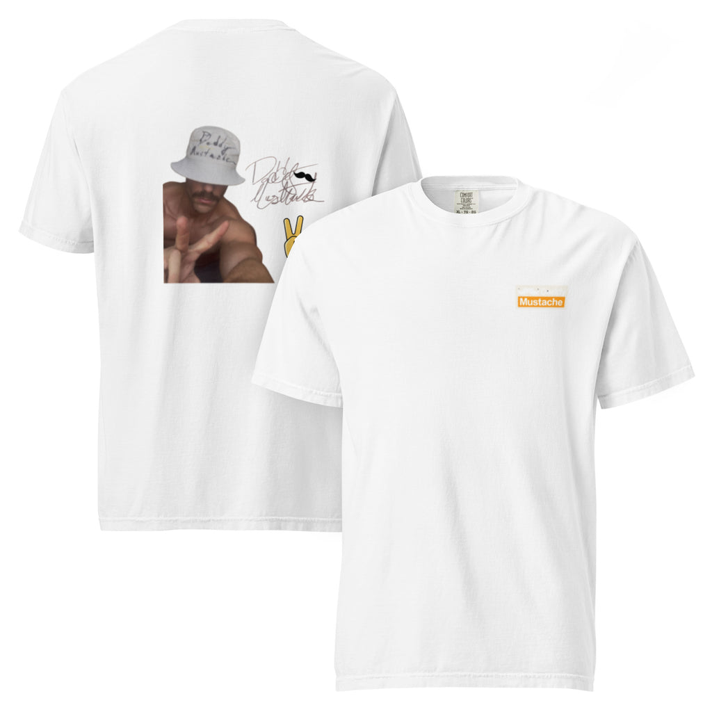 Two white t-shirts, one with a graphic design and the other with a logo, on a white background.