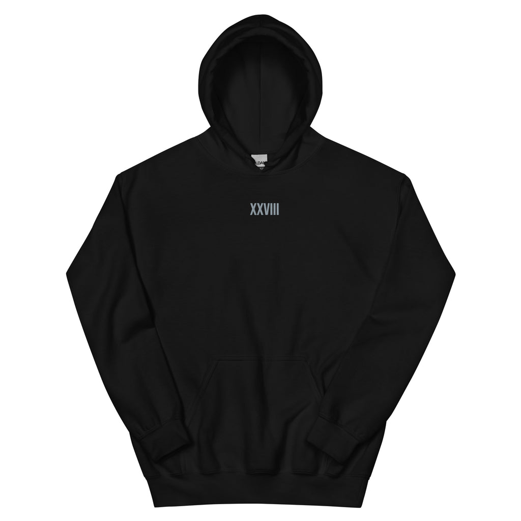 Black hoodie with 'XXVIII' logo on a white background