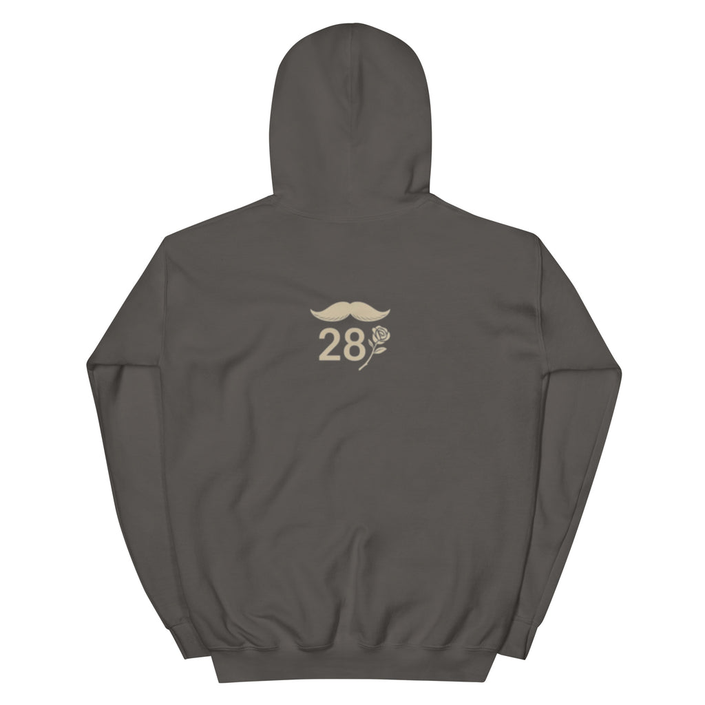 Dark gray hoodie with a logo on the back featuring a mustache and number 28.