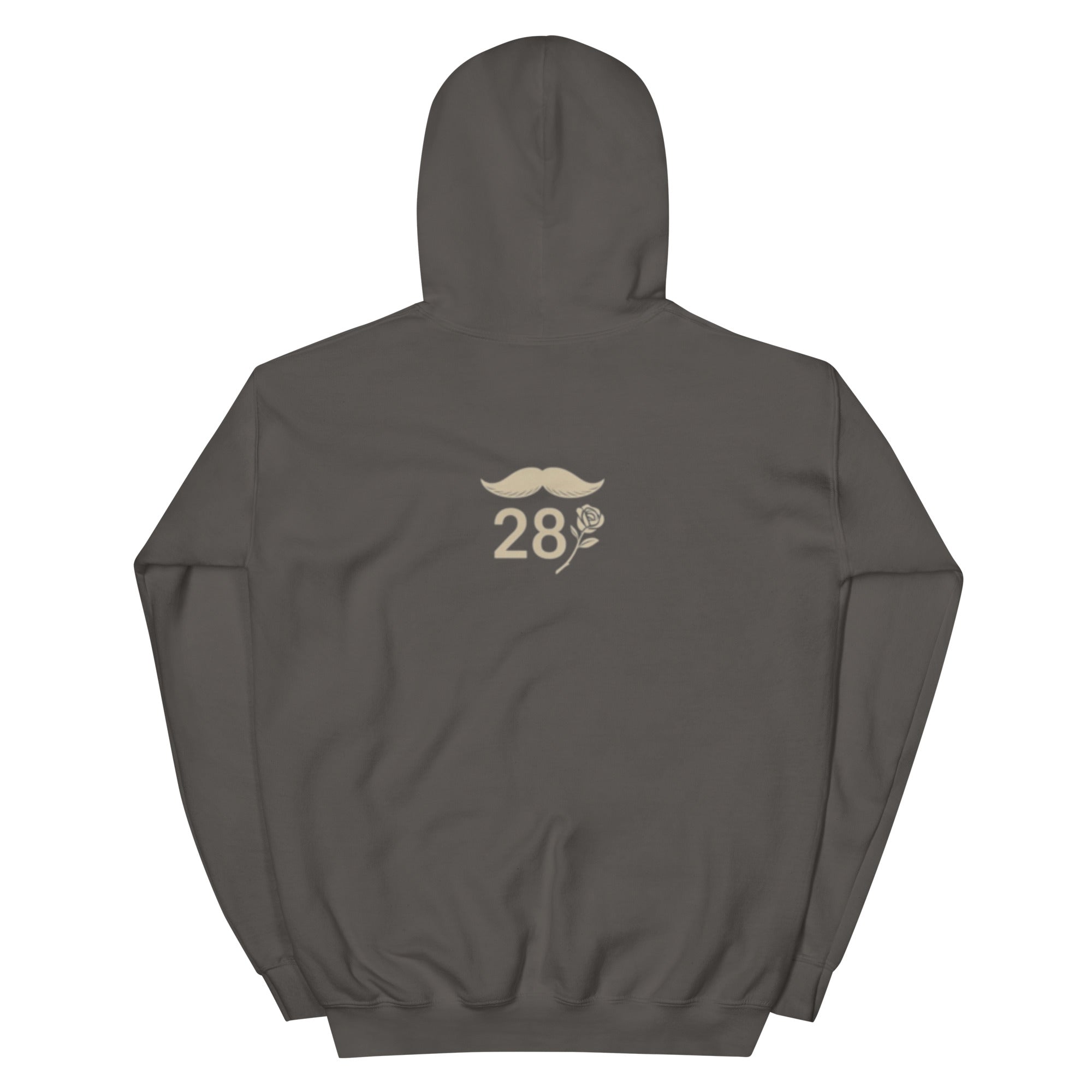 Dark gray hoodie with a logo on the back featuring a mustache and number 28.