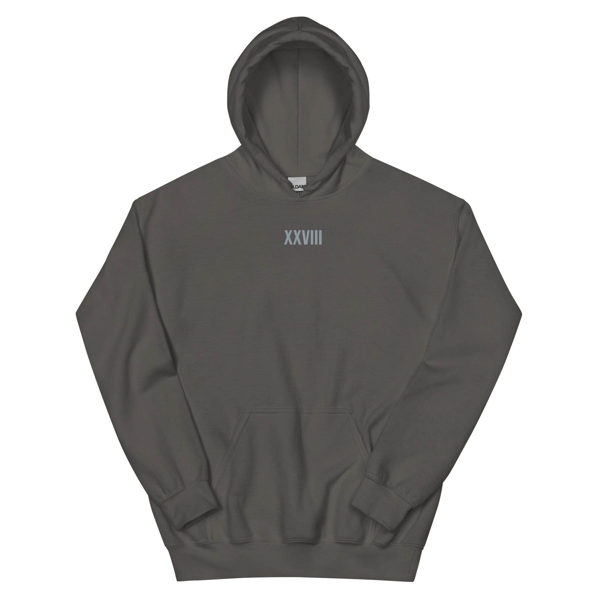 Dark gray hoodie with 'XXVIII' logo on a white background