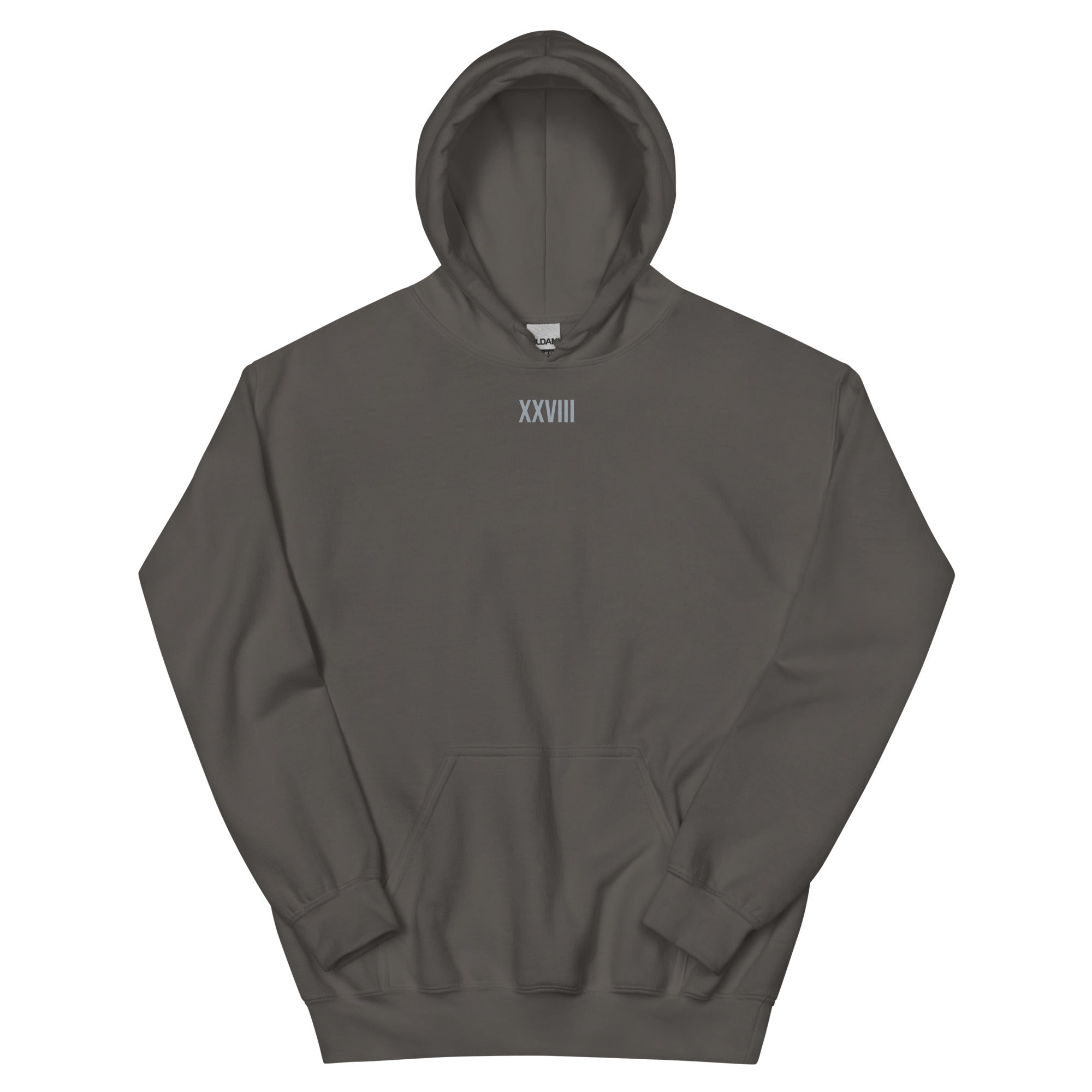Dark gray hoodie with 'XXVIII' logo on a white background