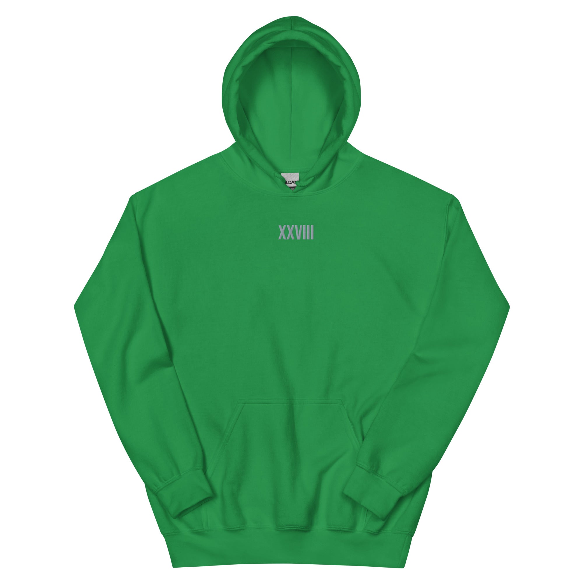 Green hoodie with 'XXVIII' printed on a white background