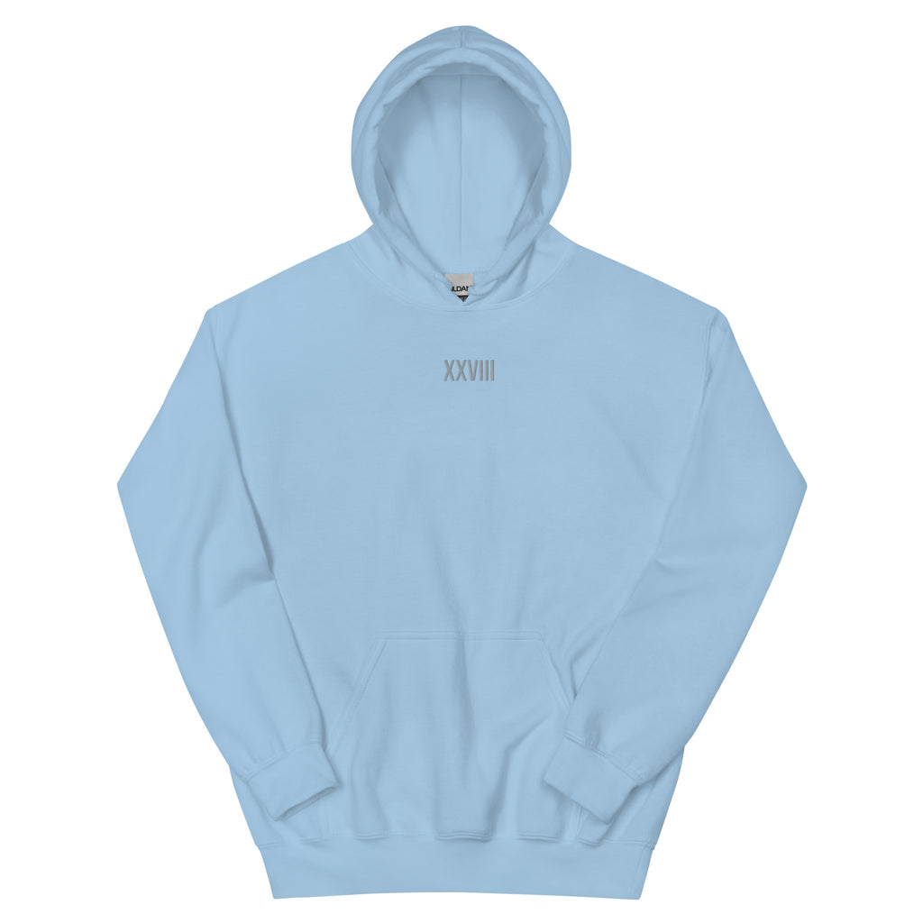 Light blue hoodie with 'XXVIII' text on a white background