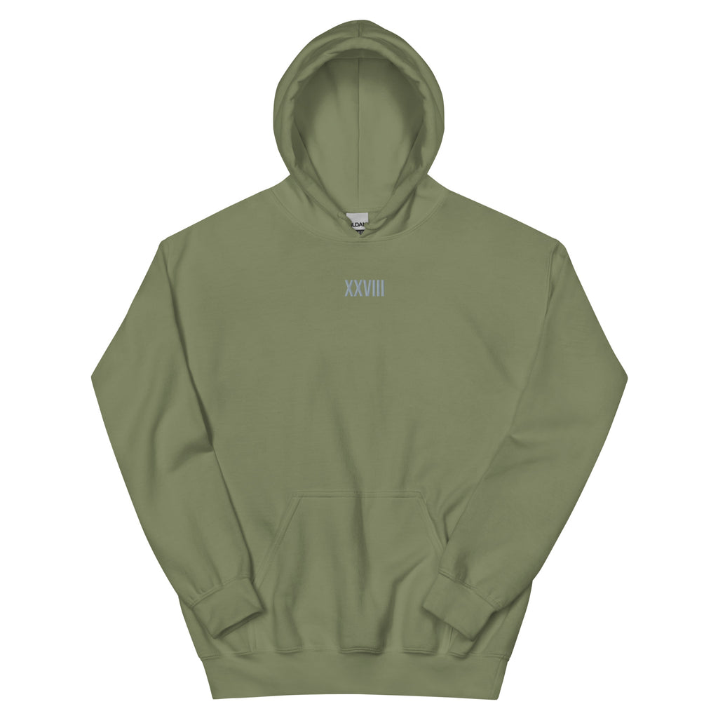 Green hoodie with 'XXVIII' logo on a white background