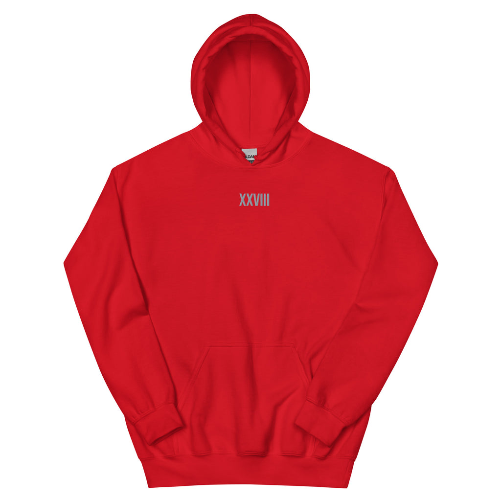 Red hoodie with 'XXVIII' printed on it against a white background