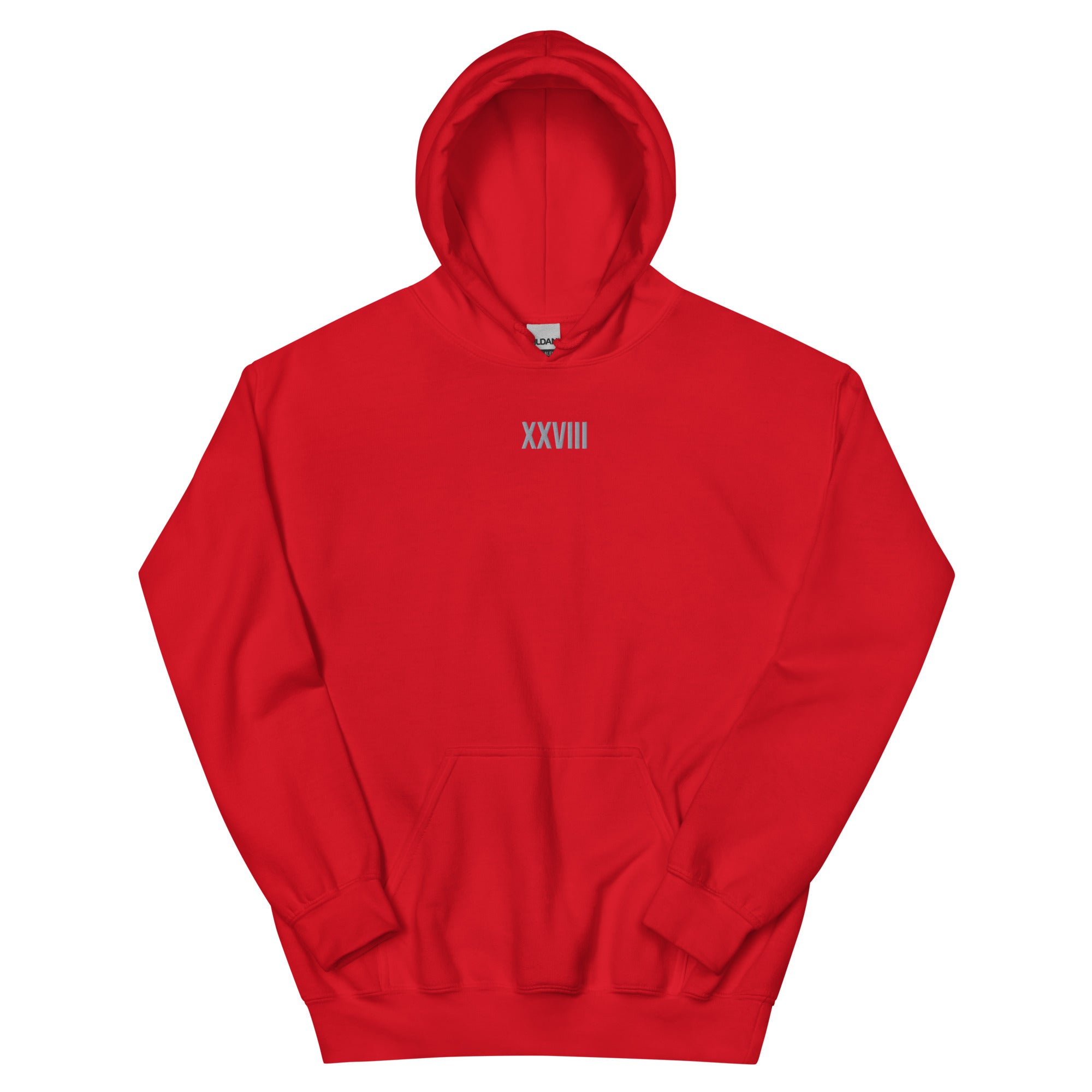 Red hoodie with 'XXVIII' printed on it against a white background