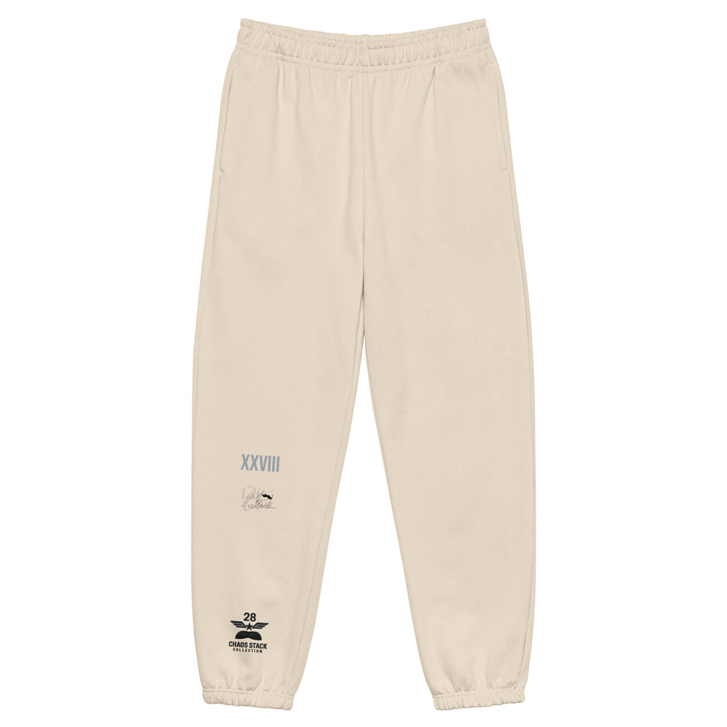 Beige sweatpants with logos on a white background