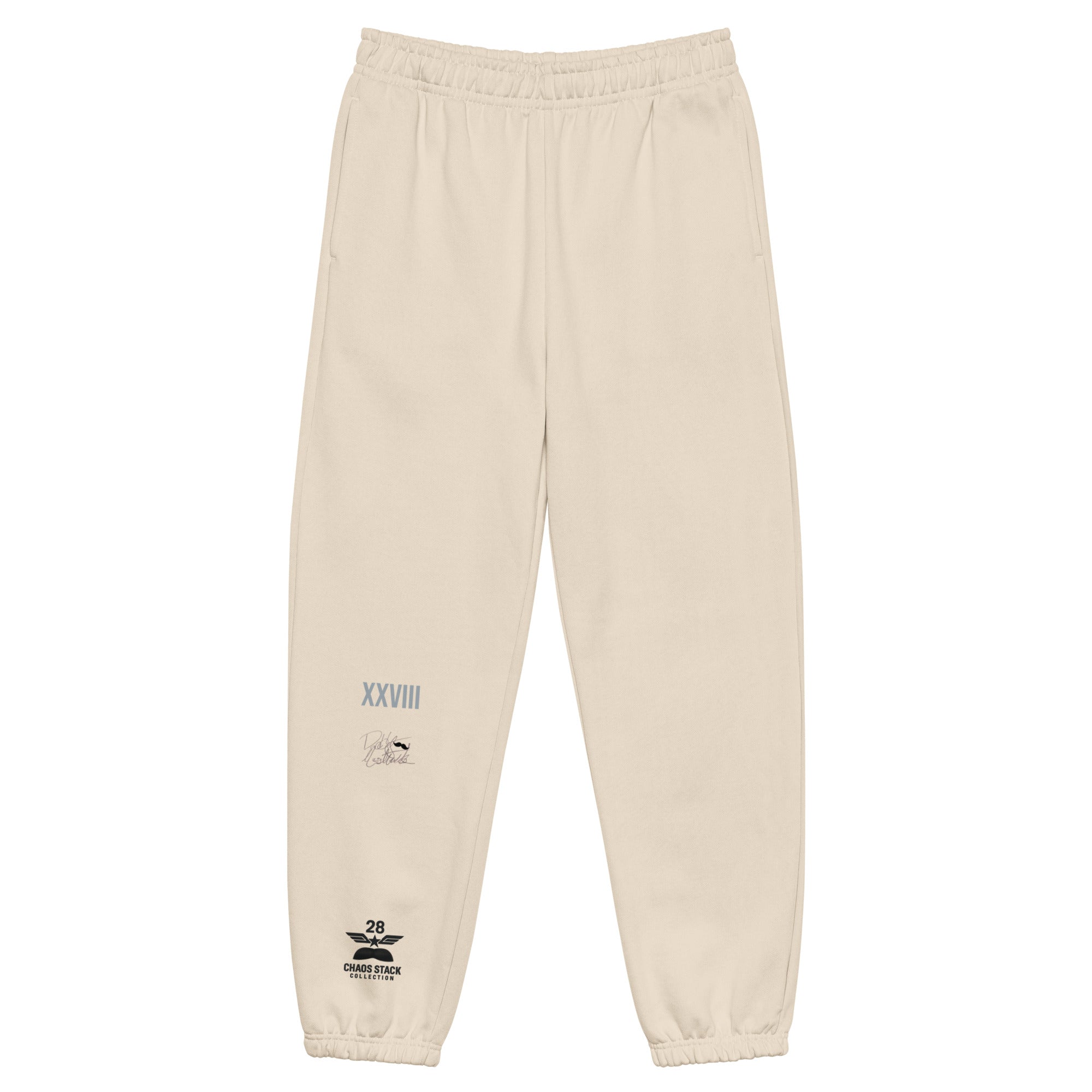 Beige sweatpants with logos on a white background
