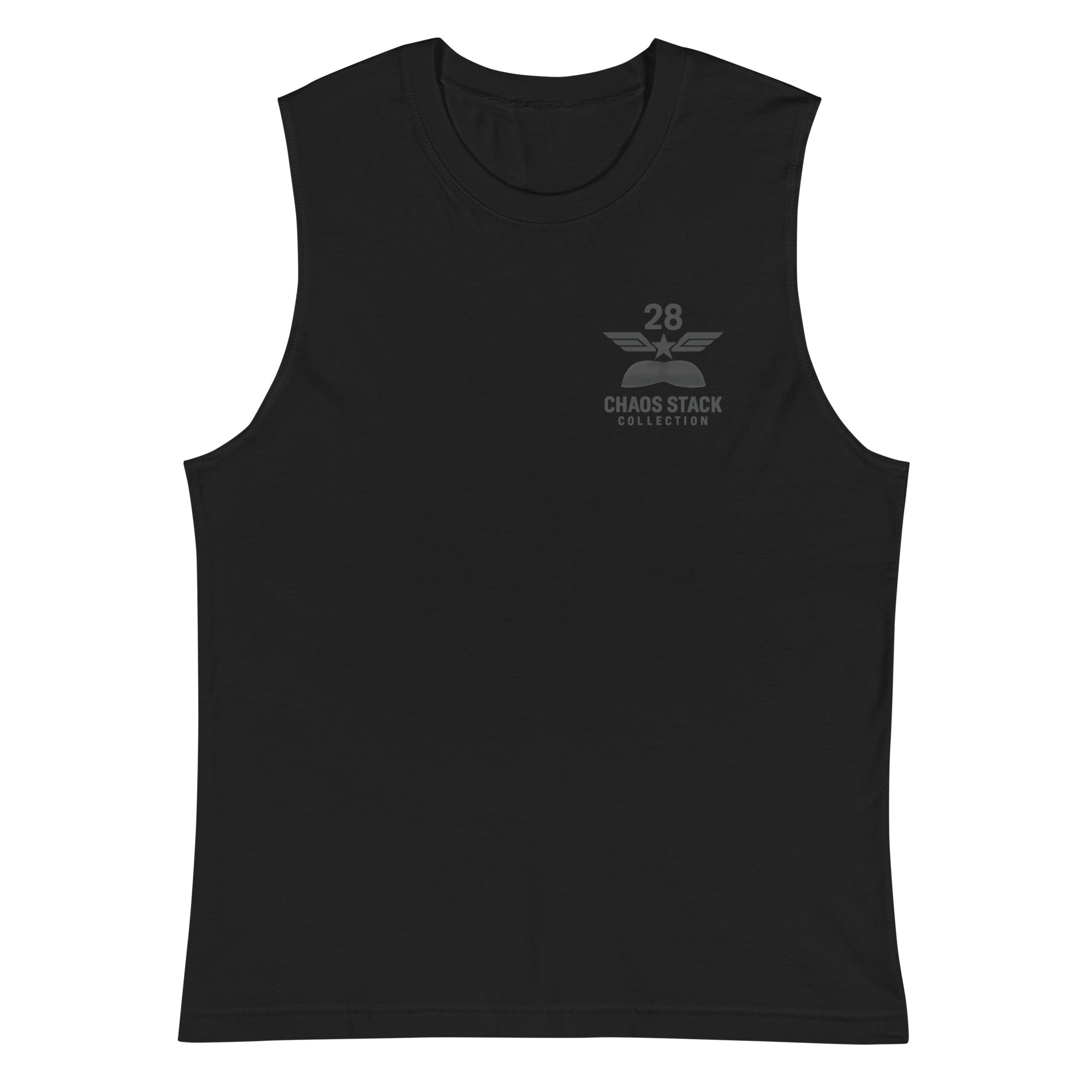 Black sleeveless shirt with a logo on the chest against a white background
