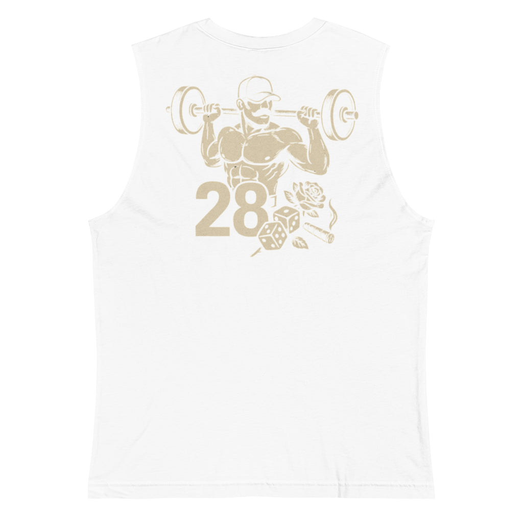 White sleeveless shirt with gold graphic design on a white background