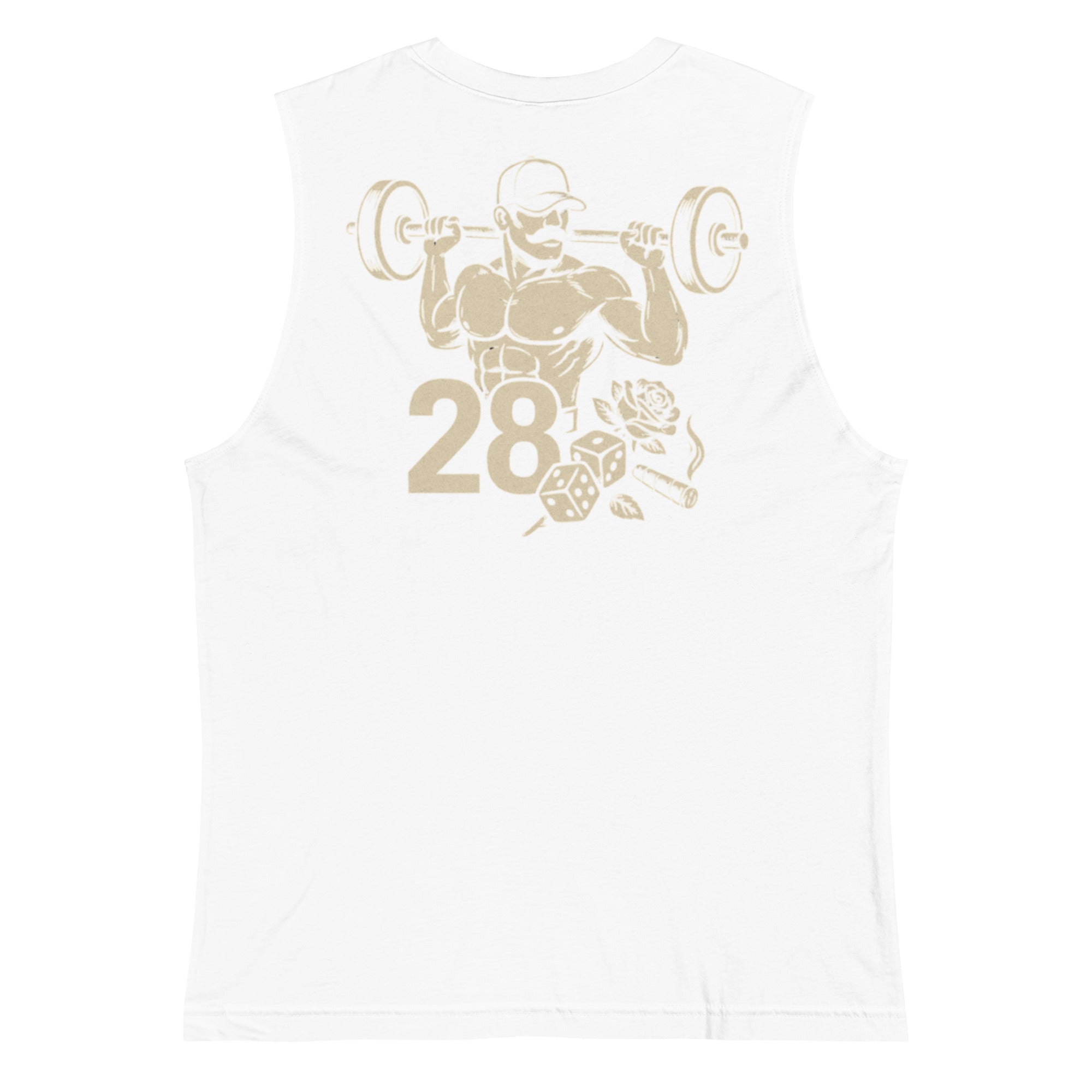 White sleeveless shirt with gold graphic design on a white background