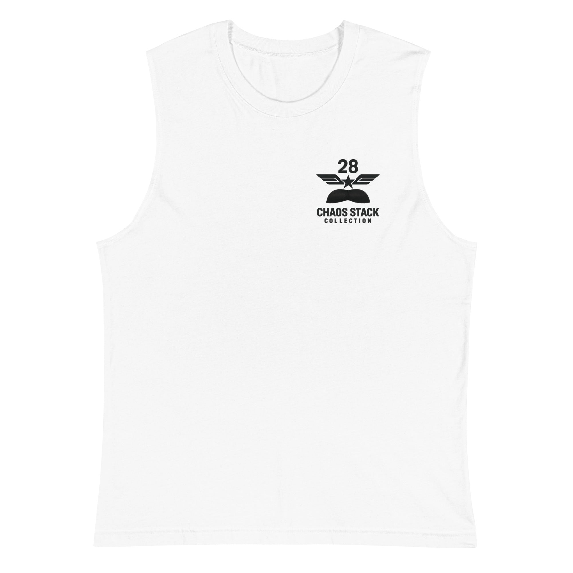 White sleeveless shirt with black logo on a white background