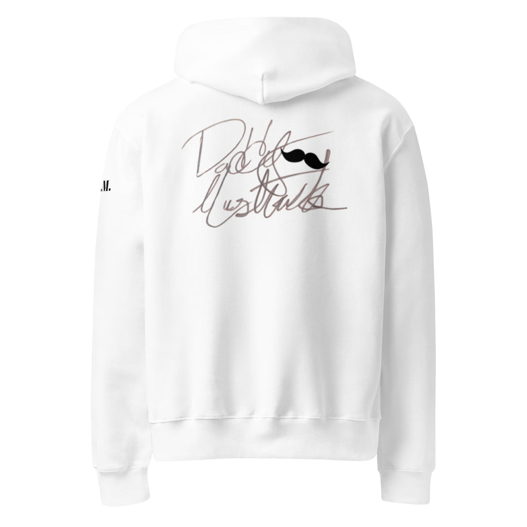 White hoodie with text and a mustache graphic on a white background