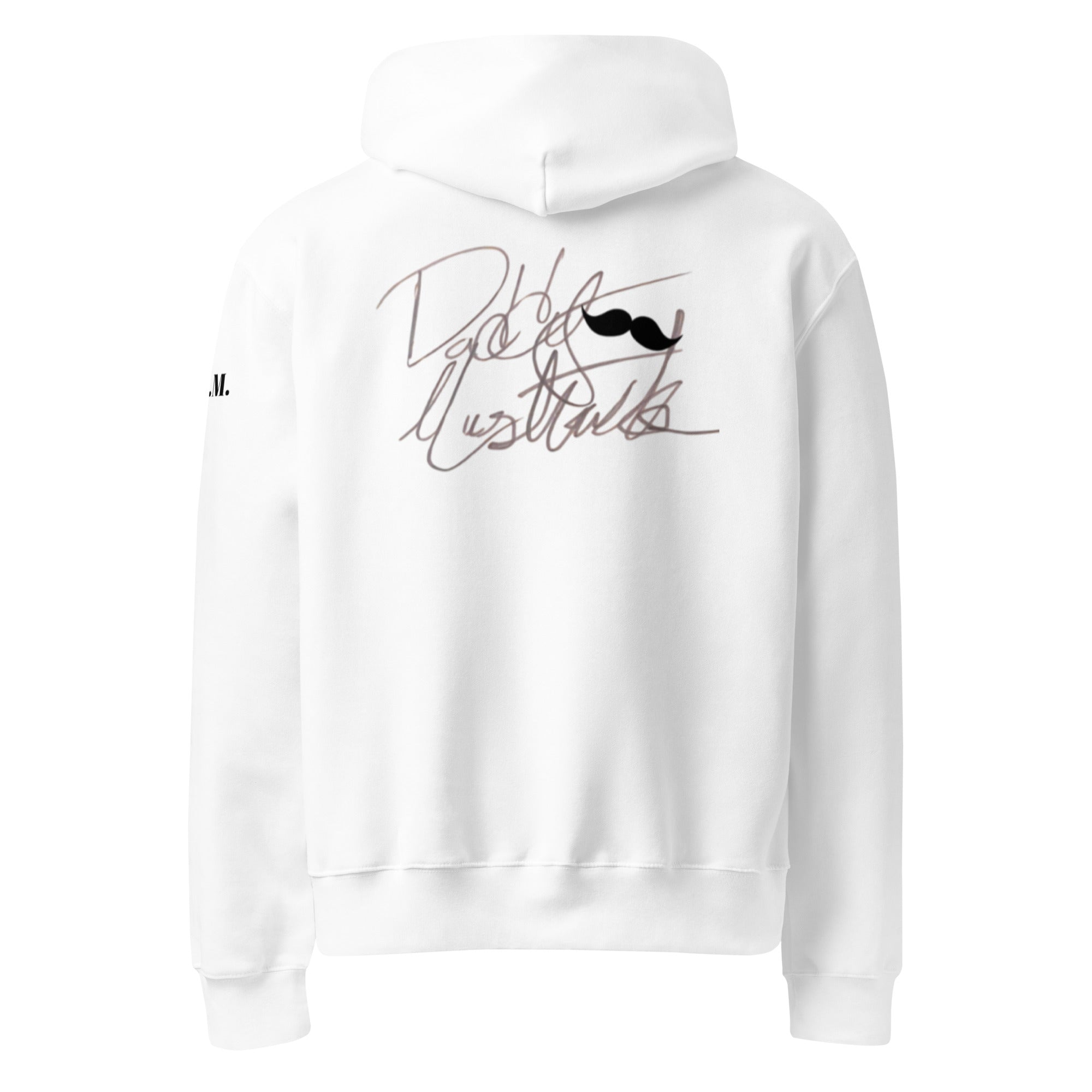 White hoodie with text and a mustache graphic on a white background