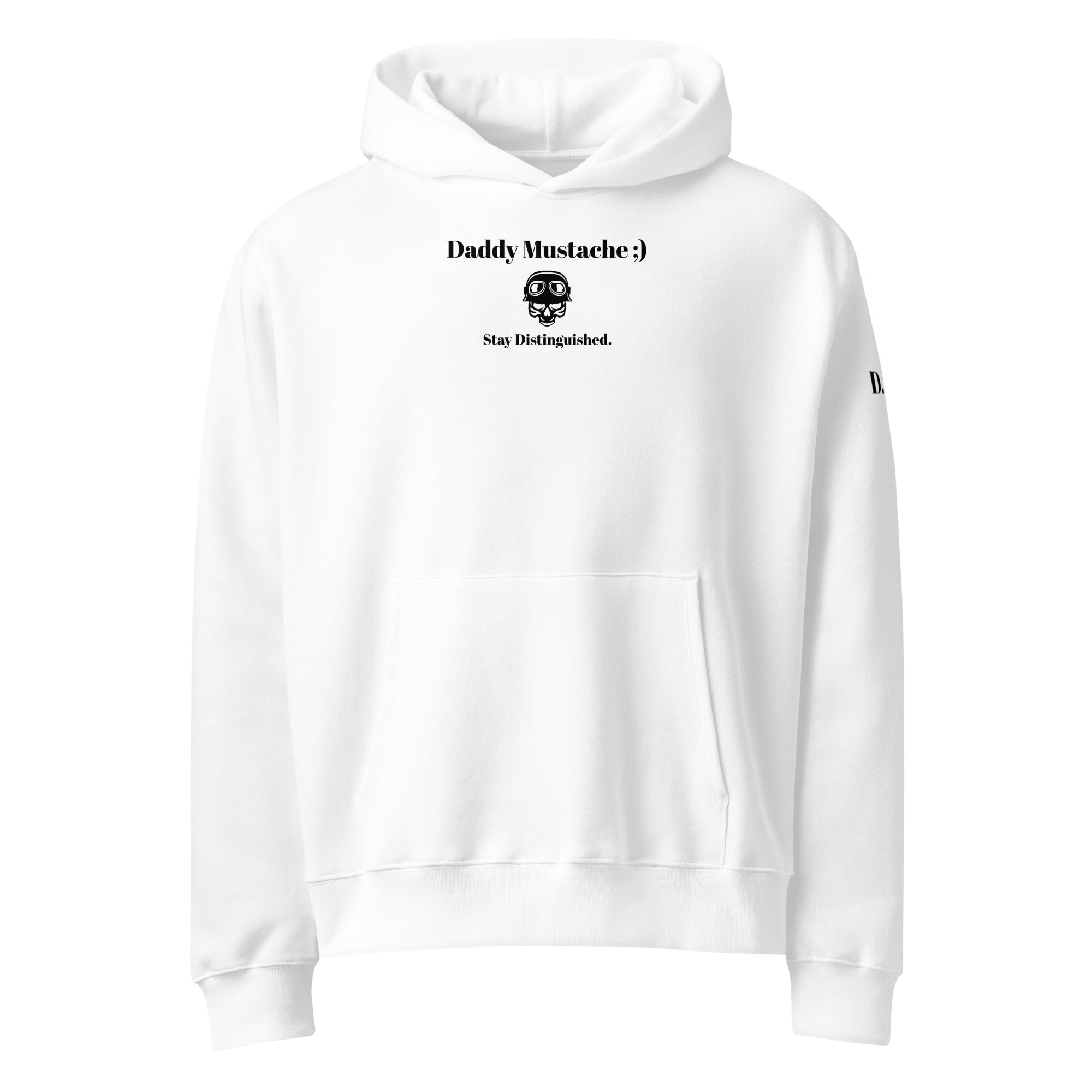 White hoodie with black text and graphics on a white background