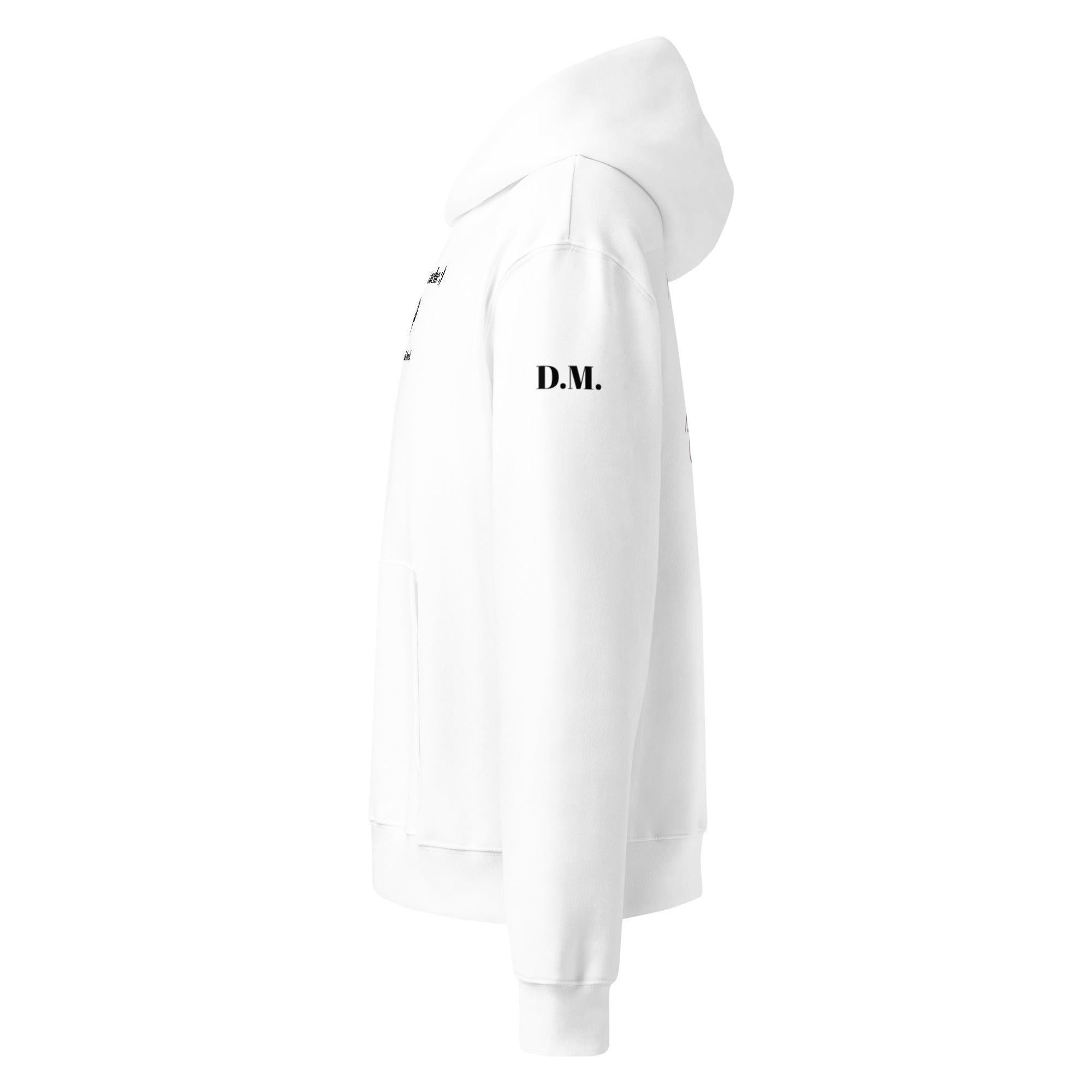 White hoodie with 'D.M.' text on a white background