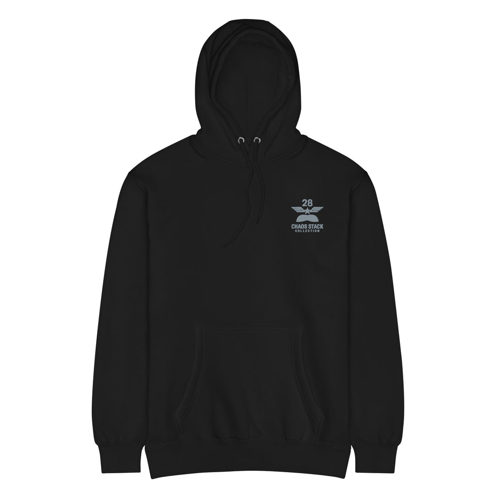 Black hoodie with a logo on the chest against a white background