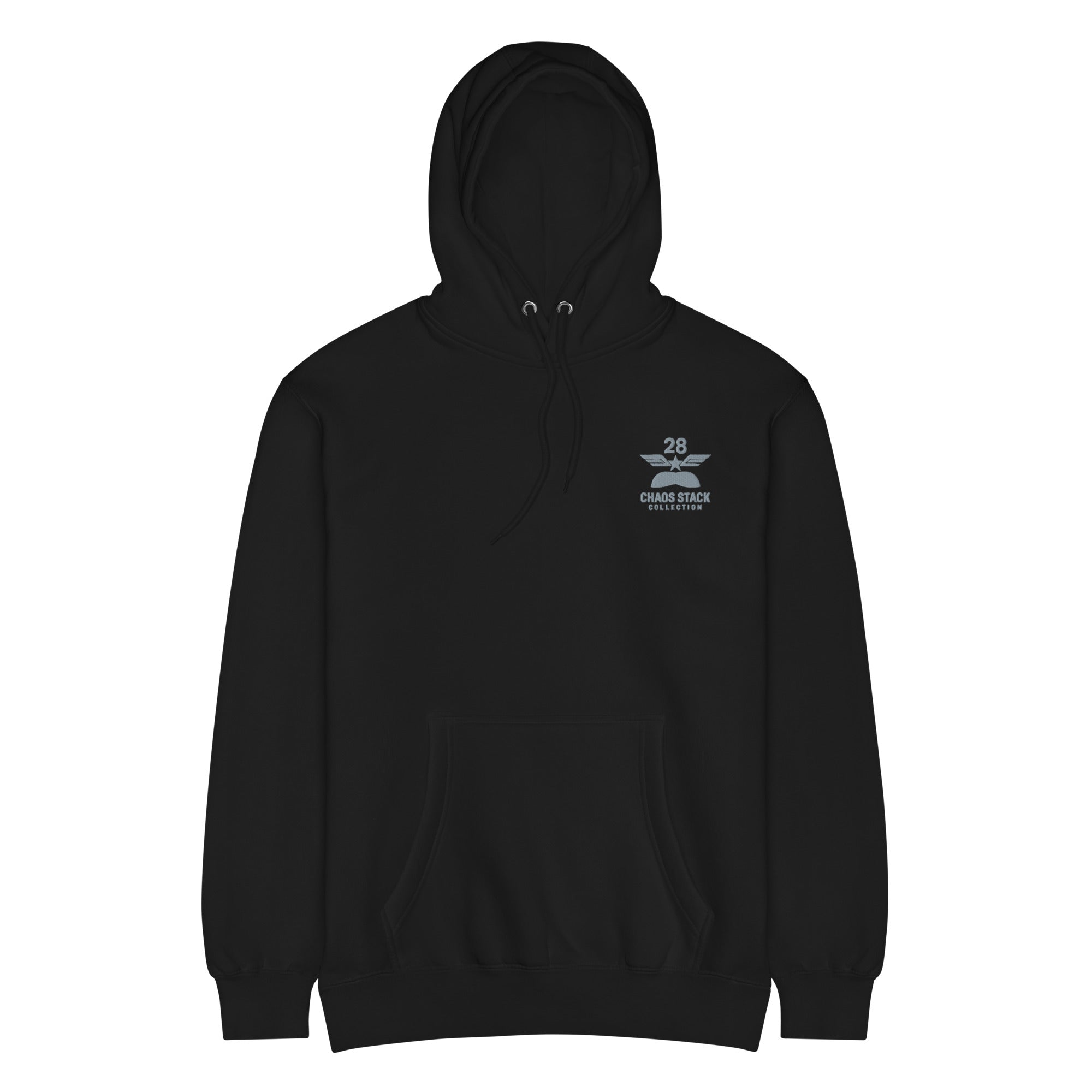 Black hoodie with a logo on the chest against a white background