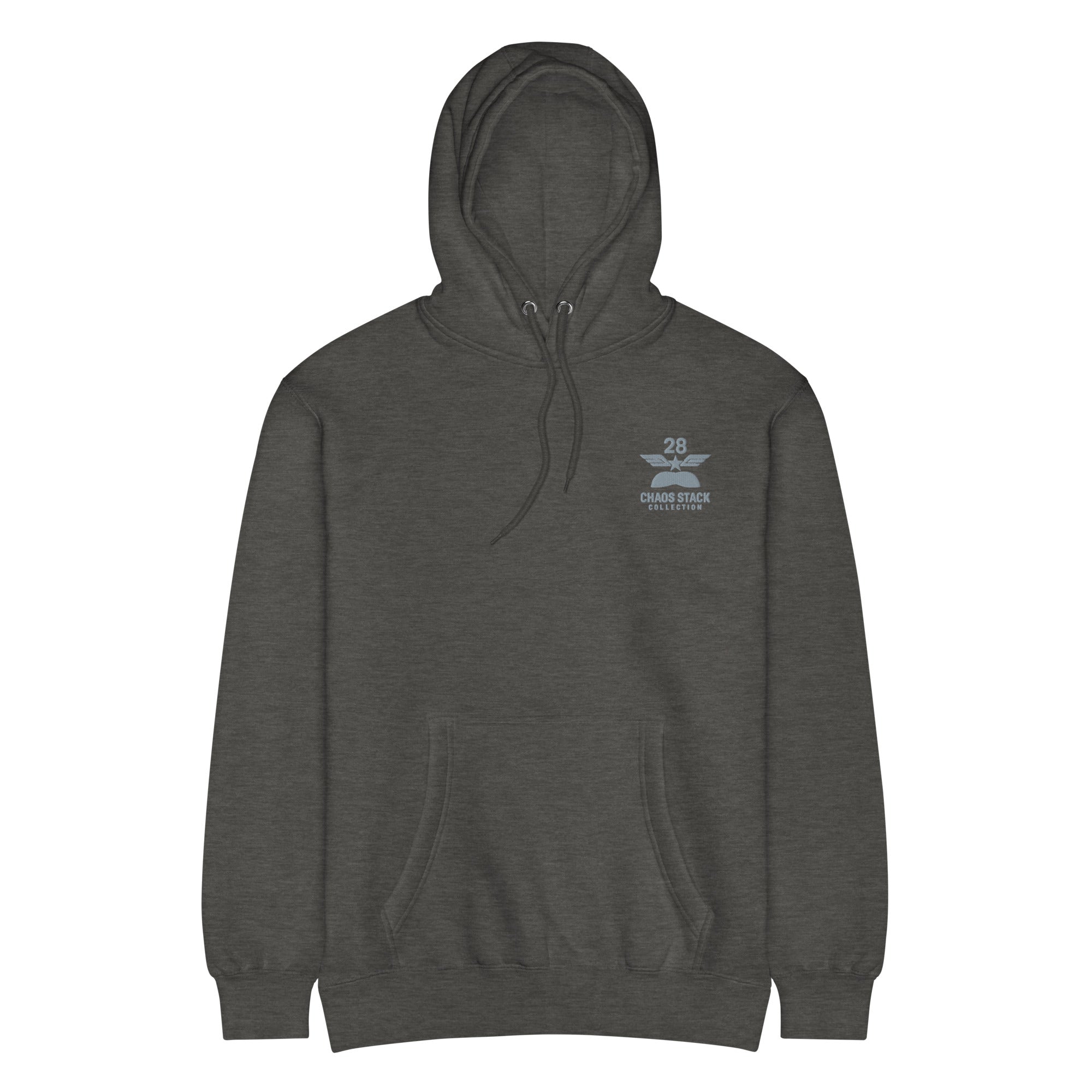 Dark gray hoodie with a logo on the chest against a white background
