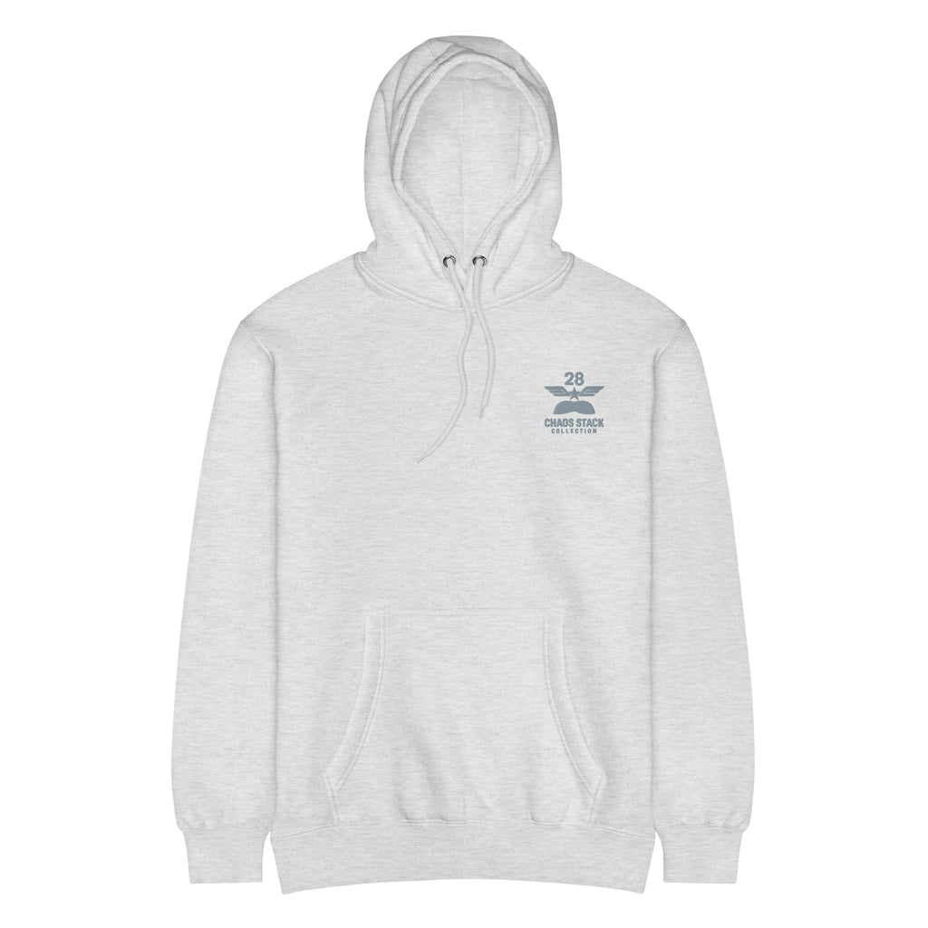 Gray hoodie with a logo on the chest against a white background