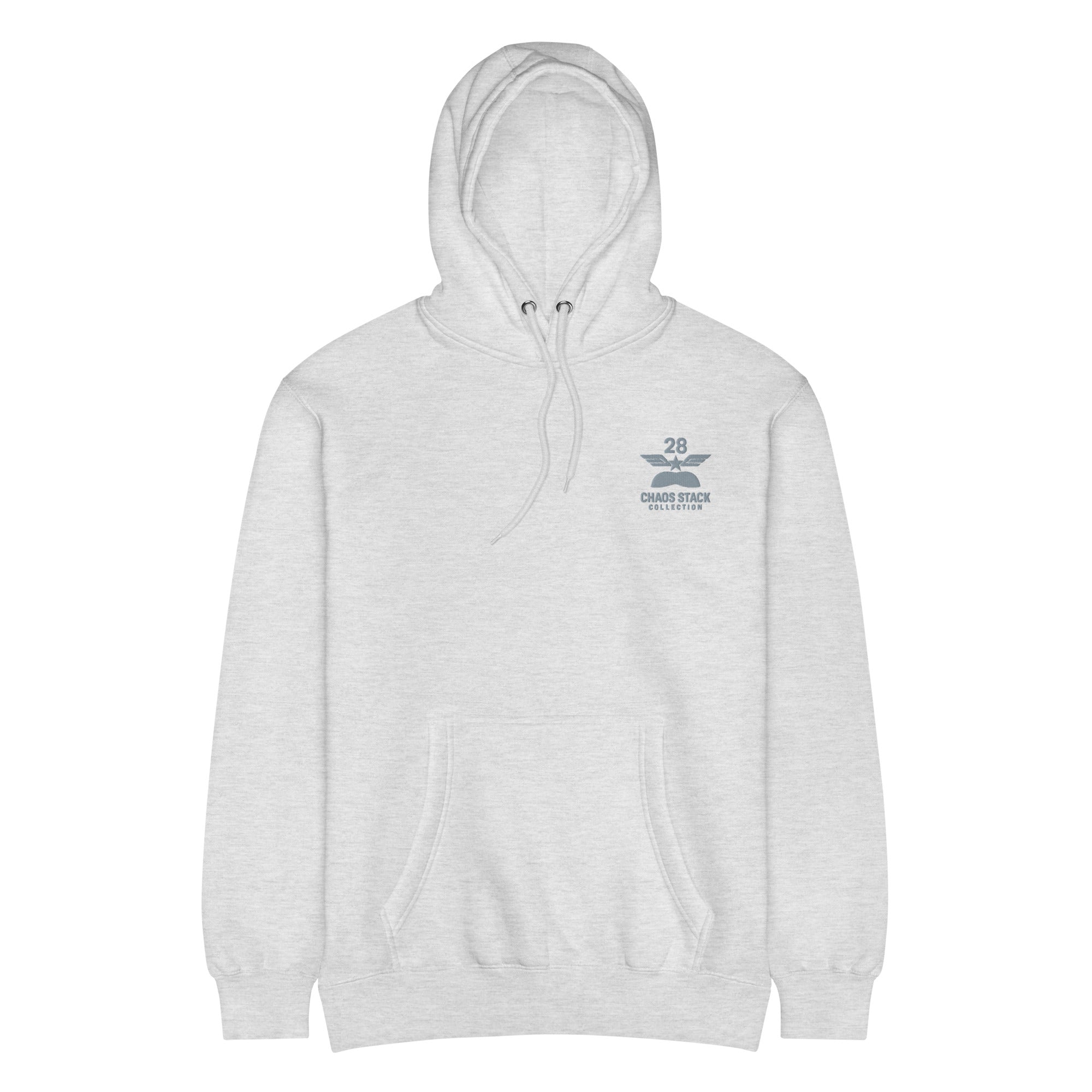 Gray hoodie with a logo on the chest against a white background